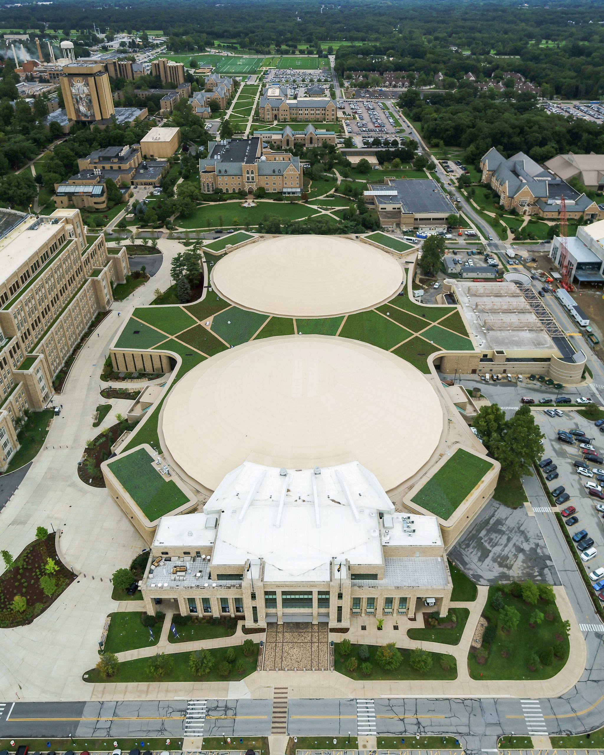 University of Notre Dame Joyce Center Green Roof aerial shot showing two domes and greenery on the roof.
