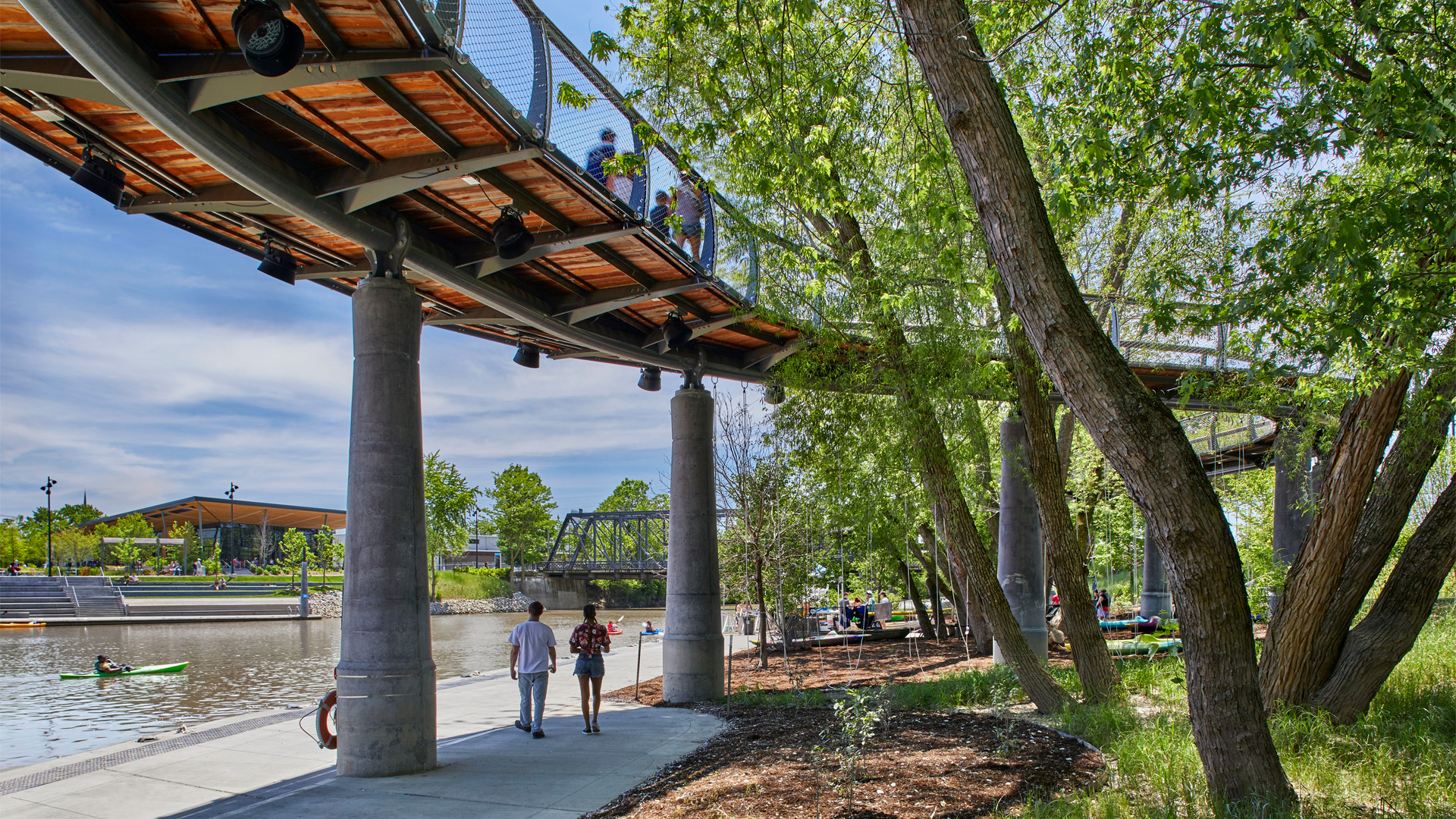 Promenade Park Canopy trail with trees on one side and the St. Marys River on the other.