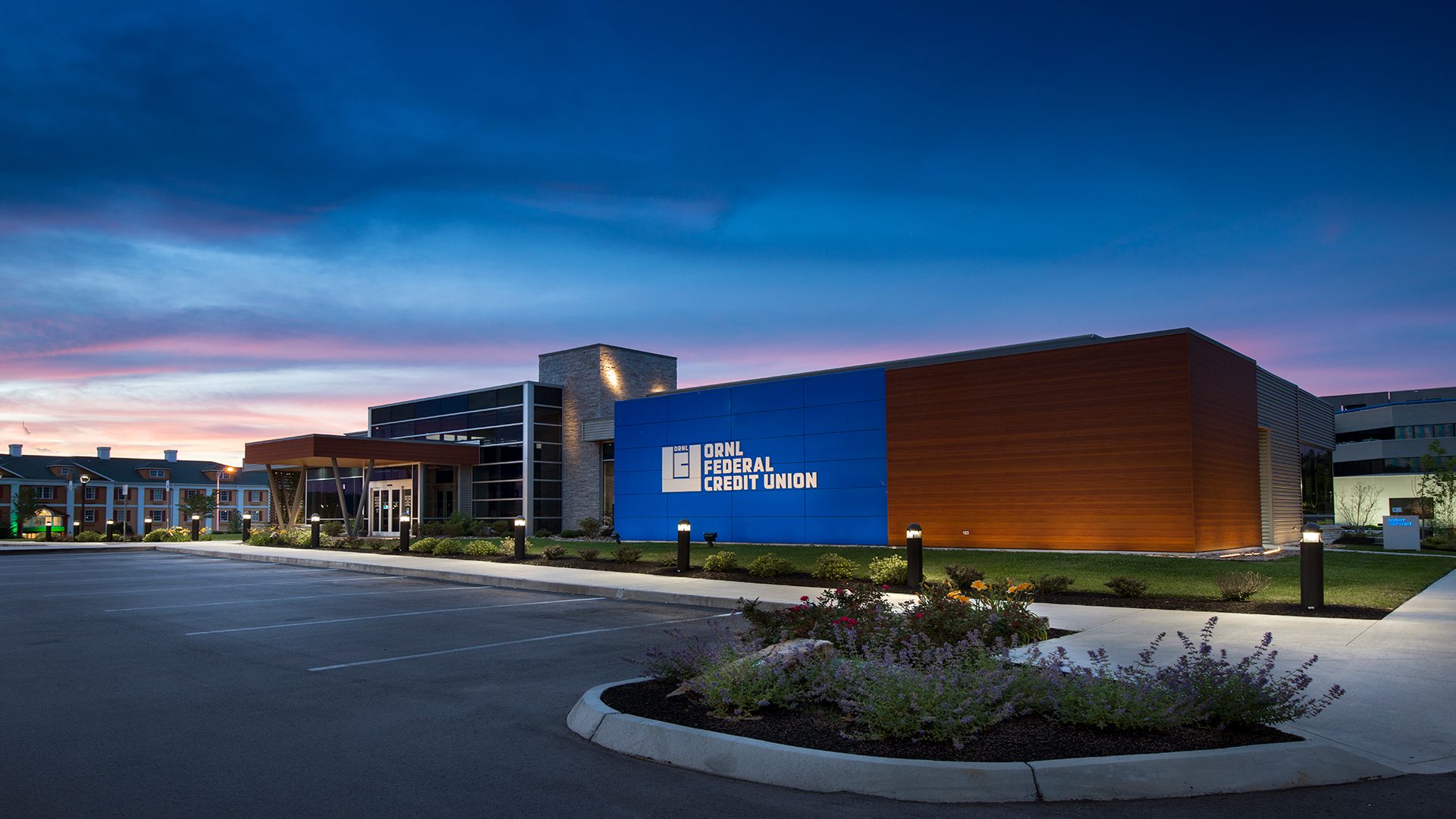 ORNL Federal Credit Union Oak Ridge Branch exterior at dusk
