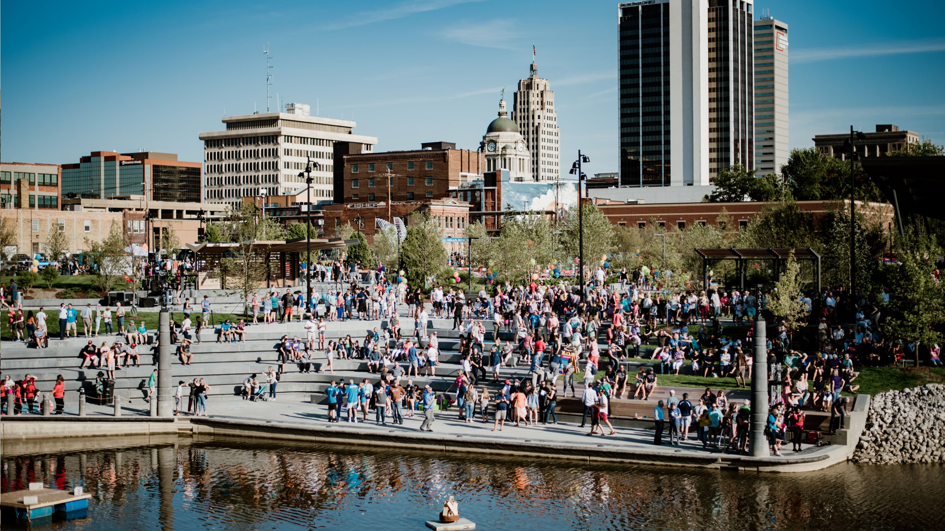 Promenade Park in front of downtown Fort Wayne skyline