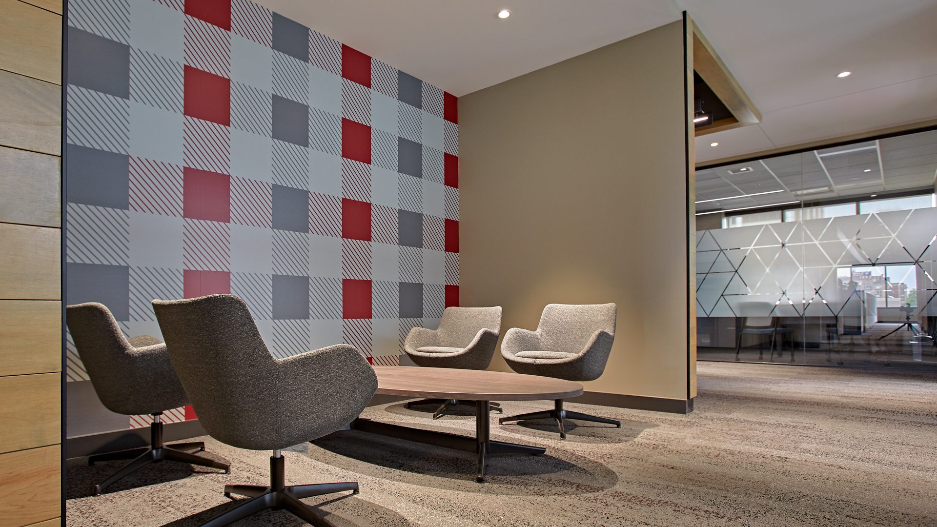 Pizza Hut HQ Soft Seating Meeting Area with Gingham Environmental Graphic