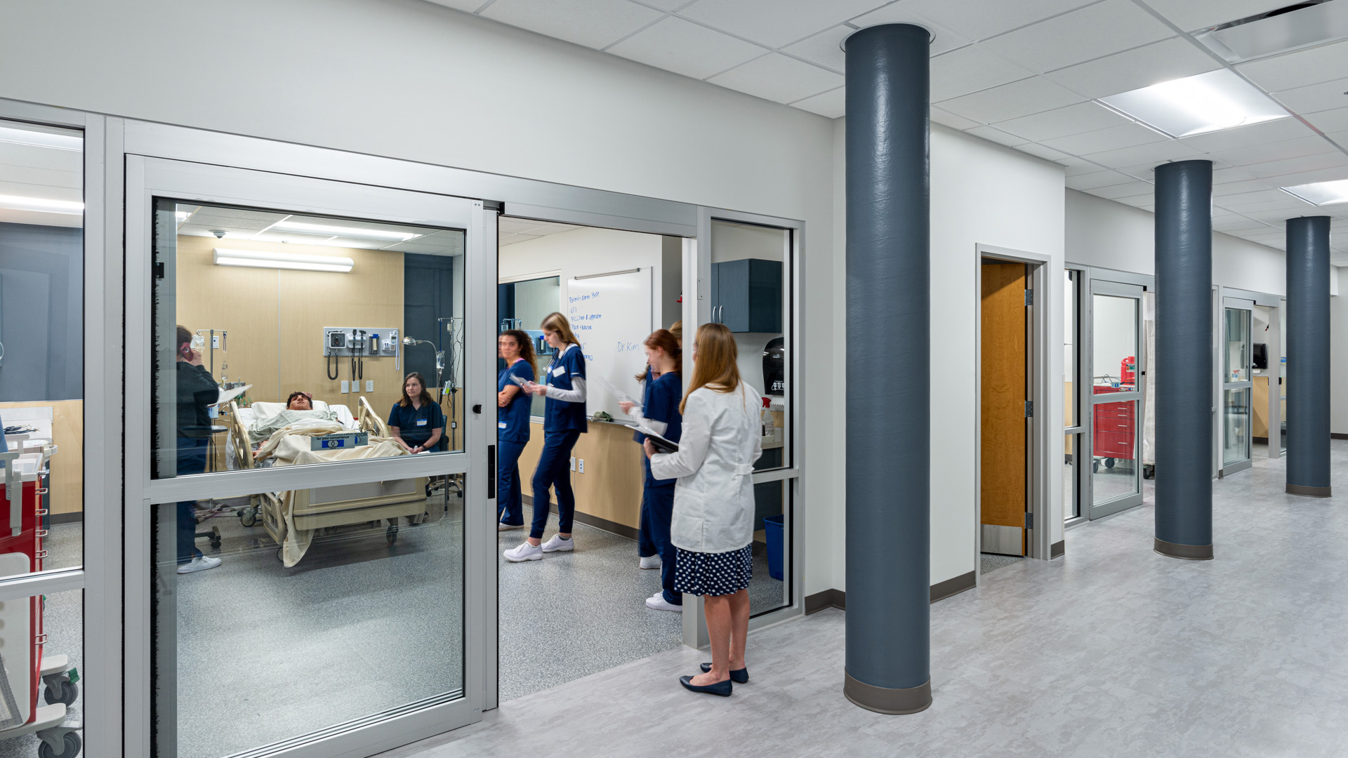 Saint Mary's Health Sciences sim lab classroom with students.