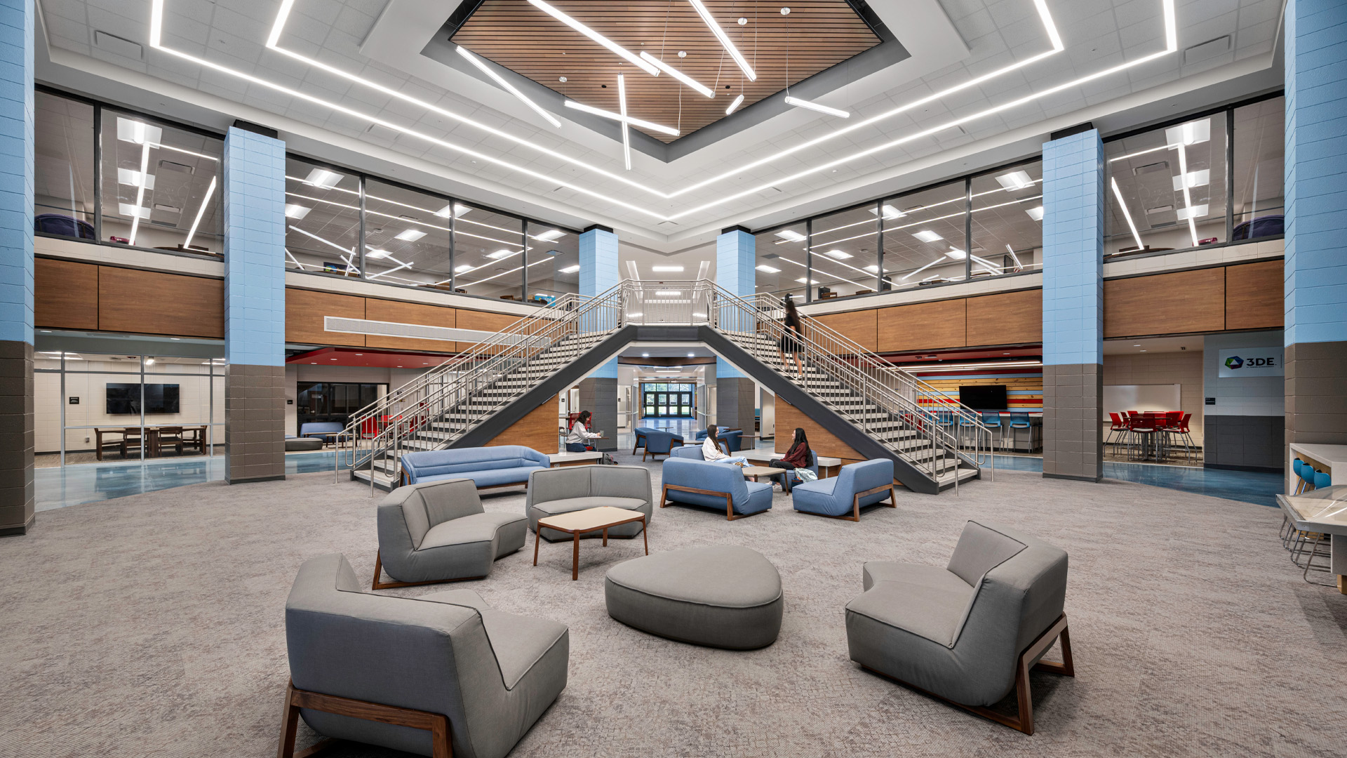 Collaborative space with bold colors with wayne high school library.