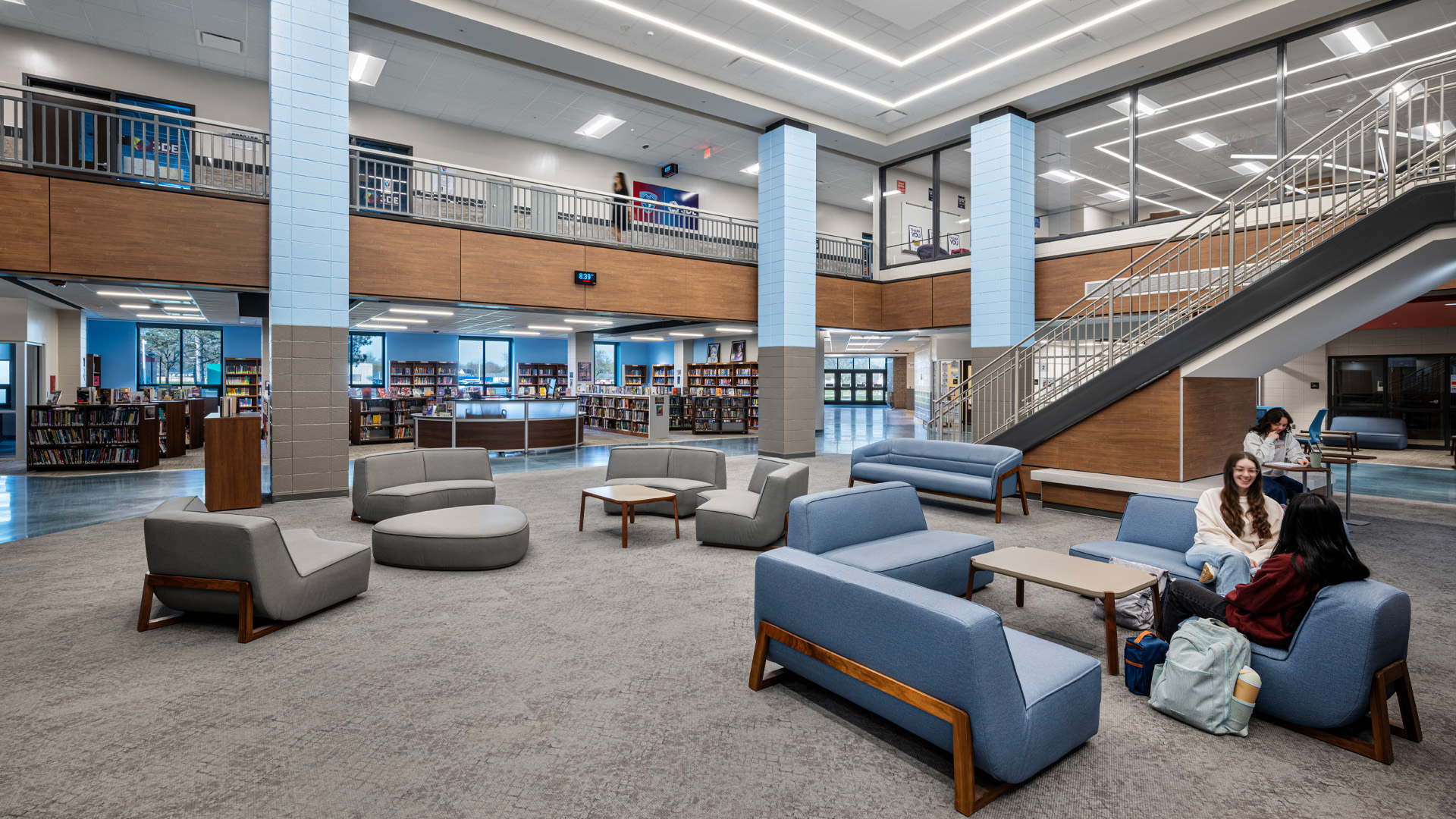 Collaborative space with bold colors with Wayne high school library.