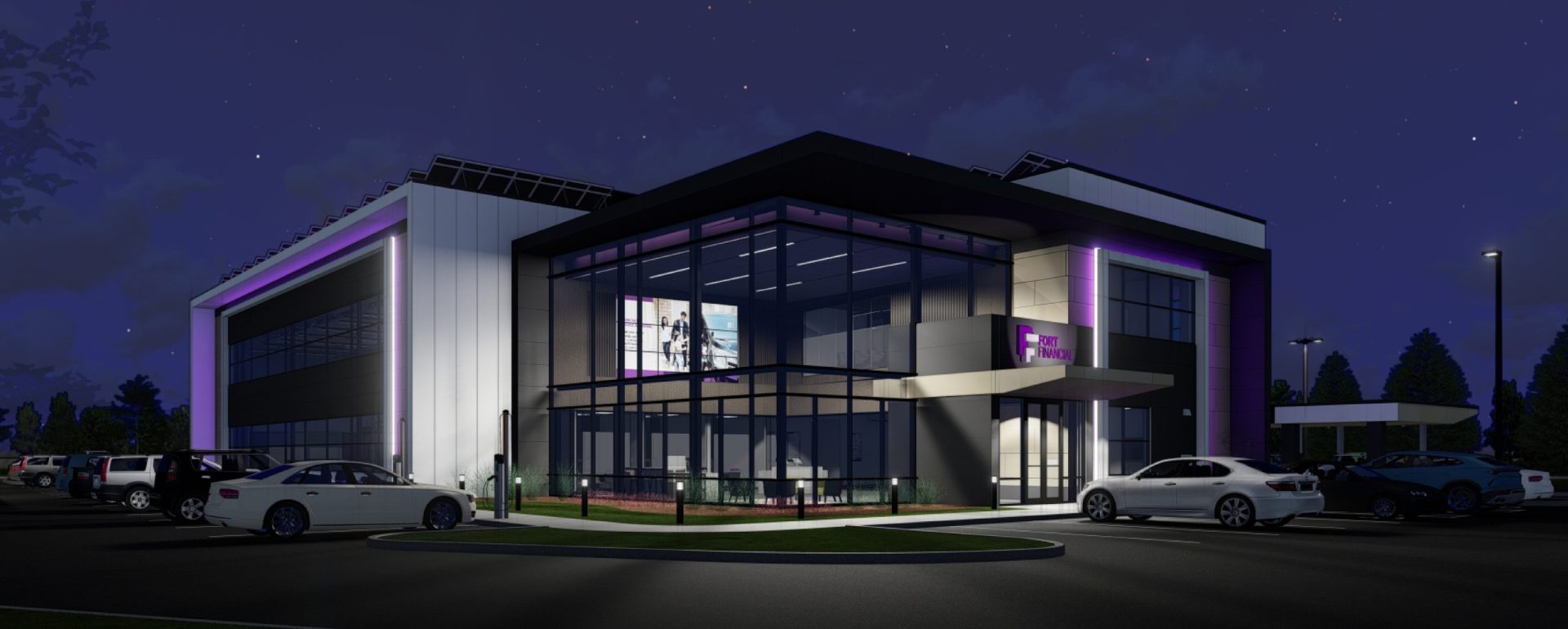 Fort Financial Credit Union Headquarters building rendering at night with purple lighting details.