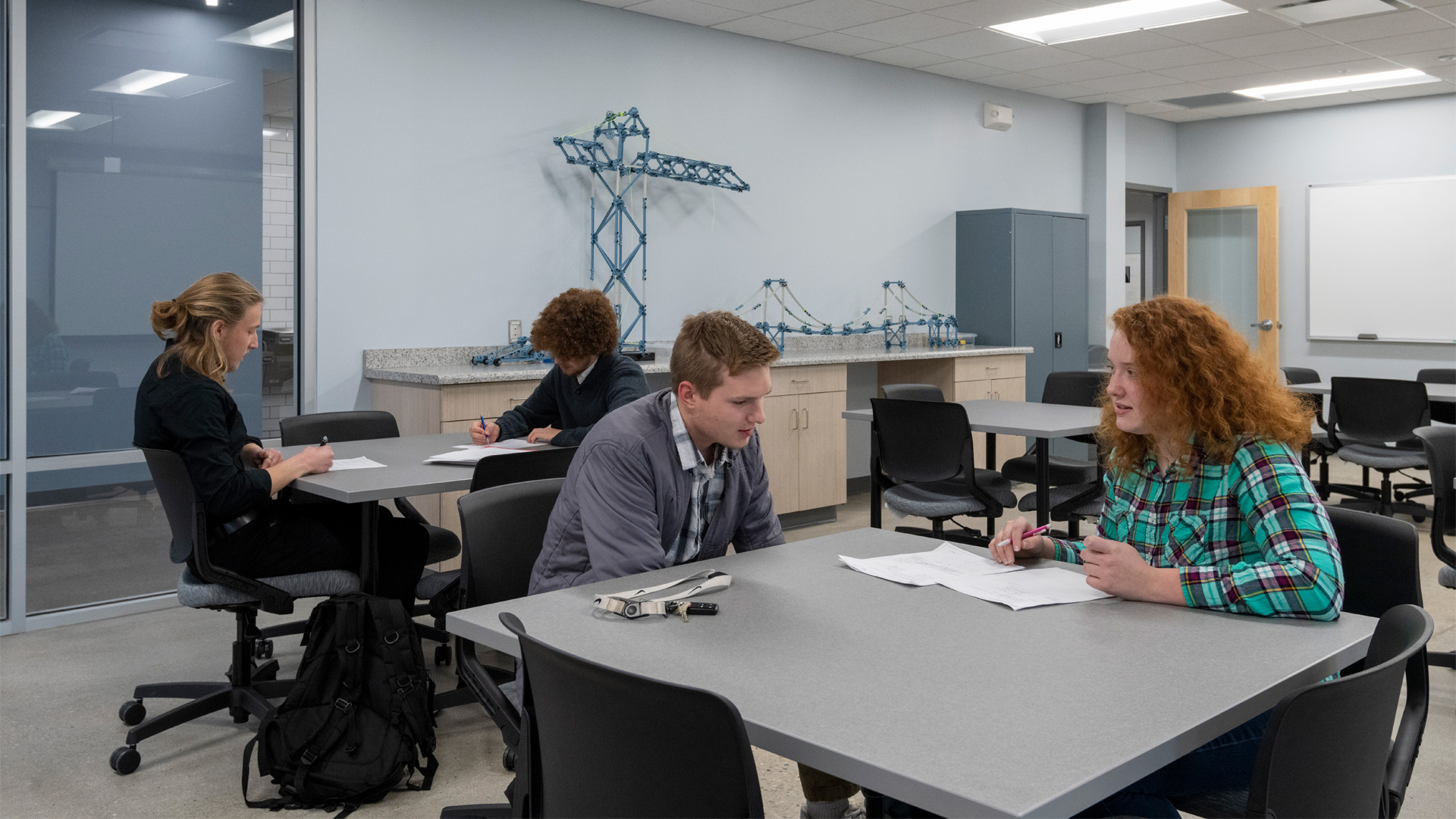 Students collaborate in a classroom at Indiana Wesleyan University Hall of Engineering.
