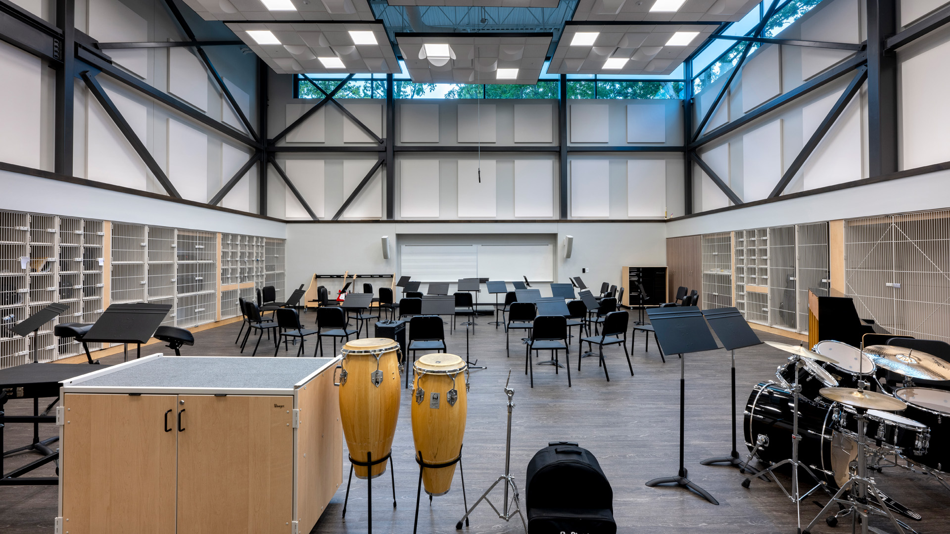 High school band classroom.