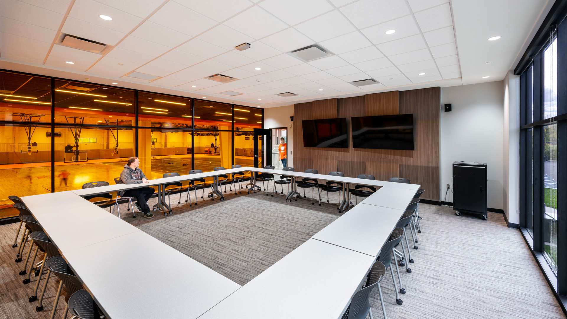 Heidelberg University Frann's Fieldhouse conference room with orange glass detailing