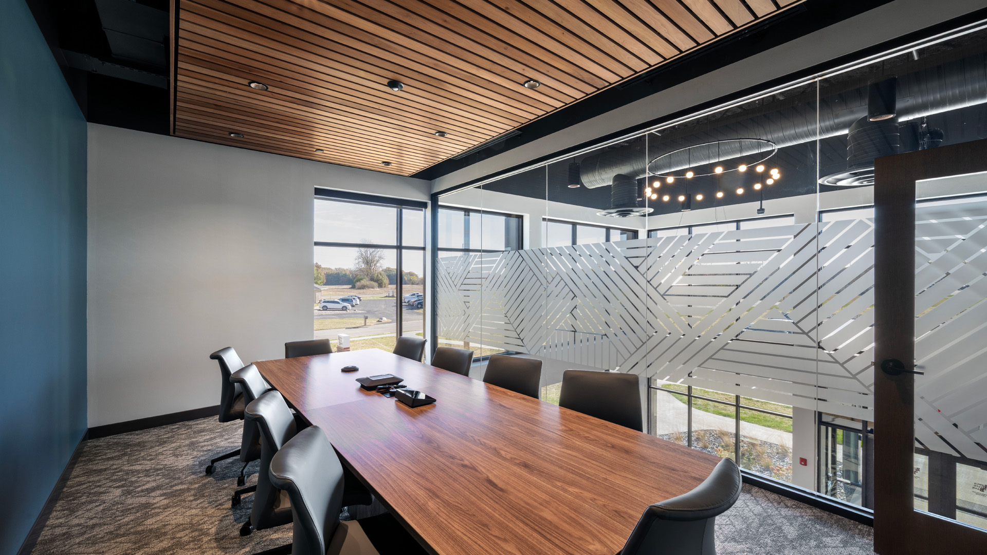 Bank operations center conference room with large glass lookout