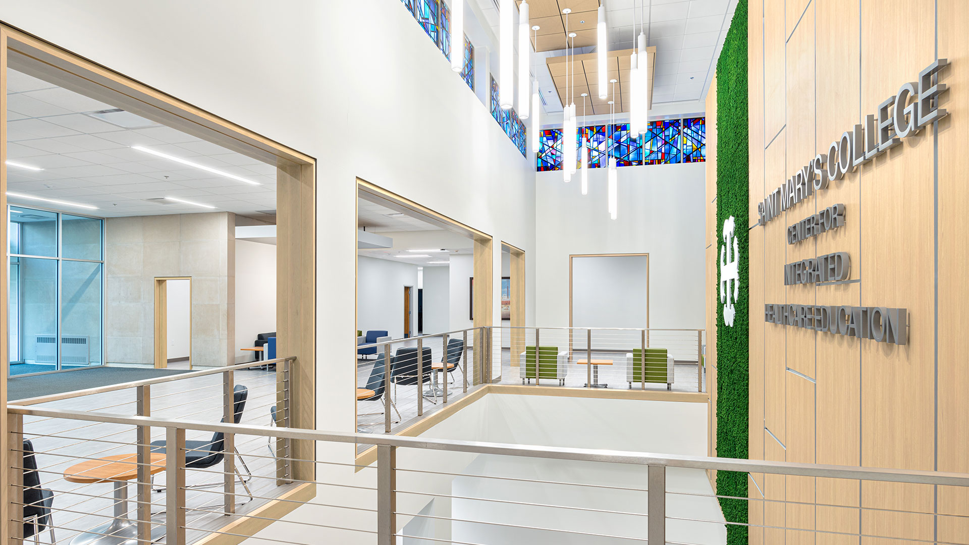 Stained glass windows in open foyer