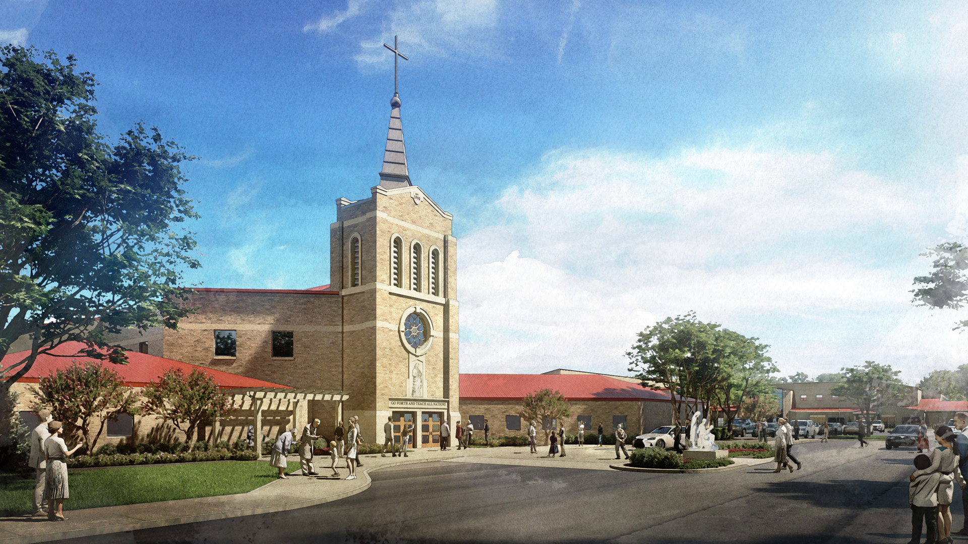 Church exterior with large bell tower and red roof detail.