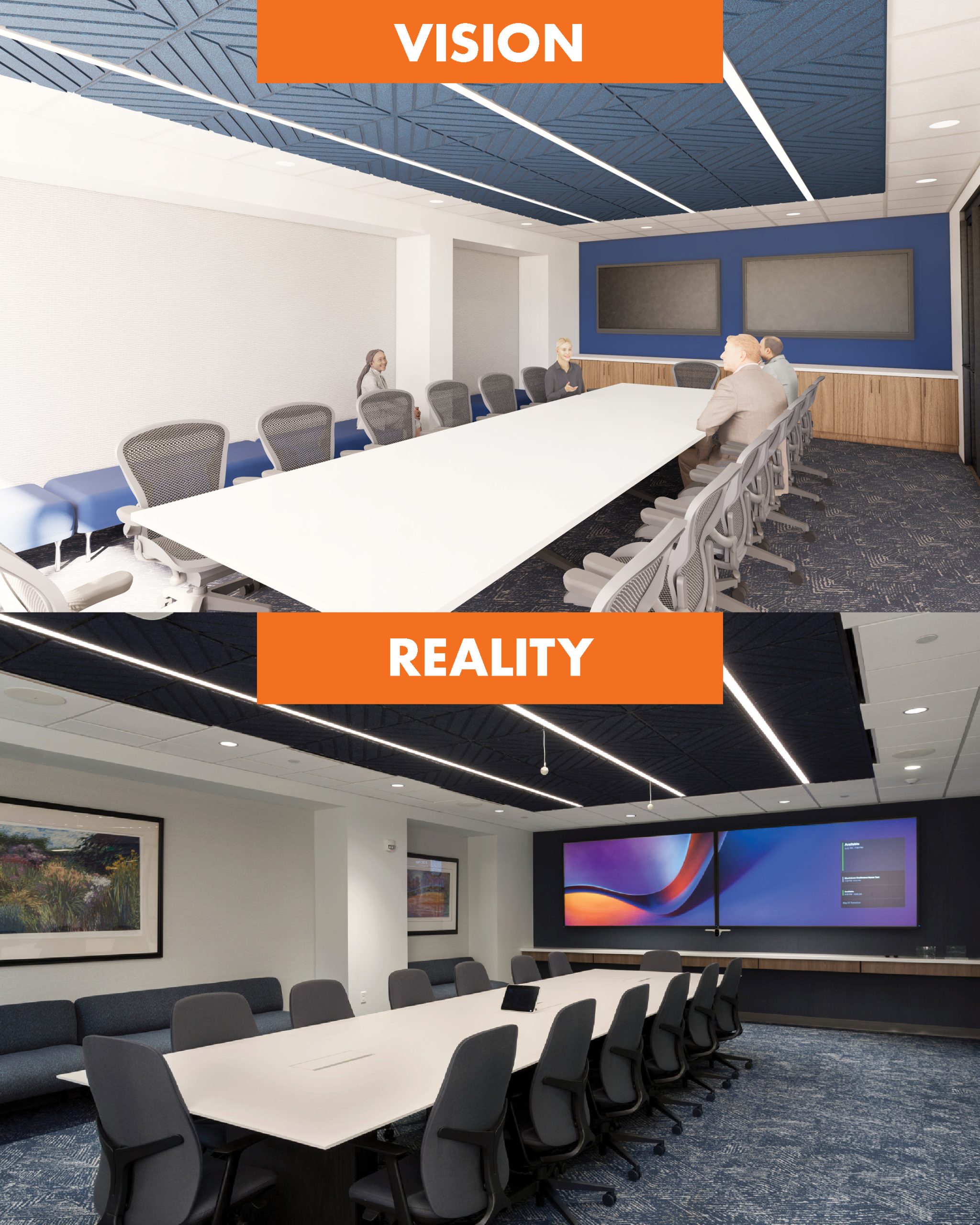 Rendering and final images of a conference room with bold ceiling and lighting design.