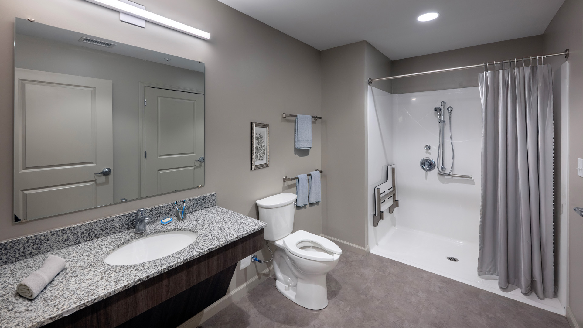 Taylor University residential village bathroom with gray color tones.