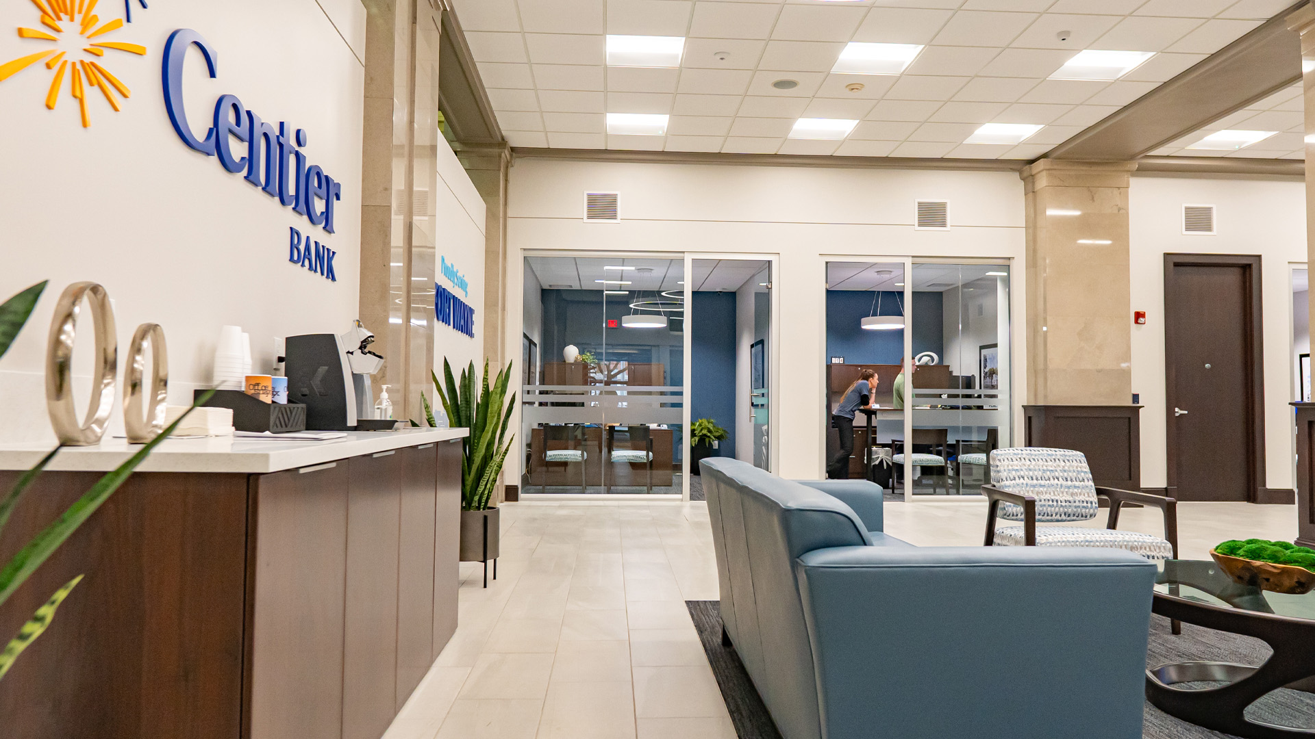 Centier Bank Fort Wayne Branch lobby with comfortable seating and private offices.