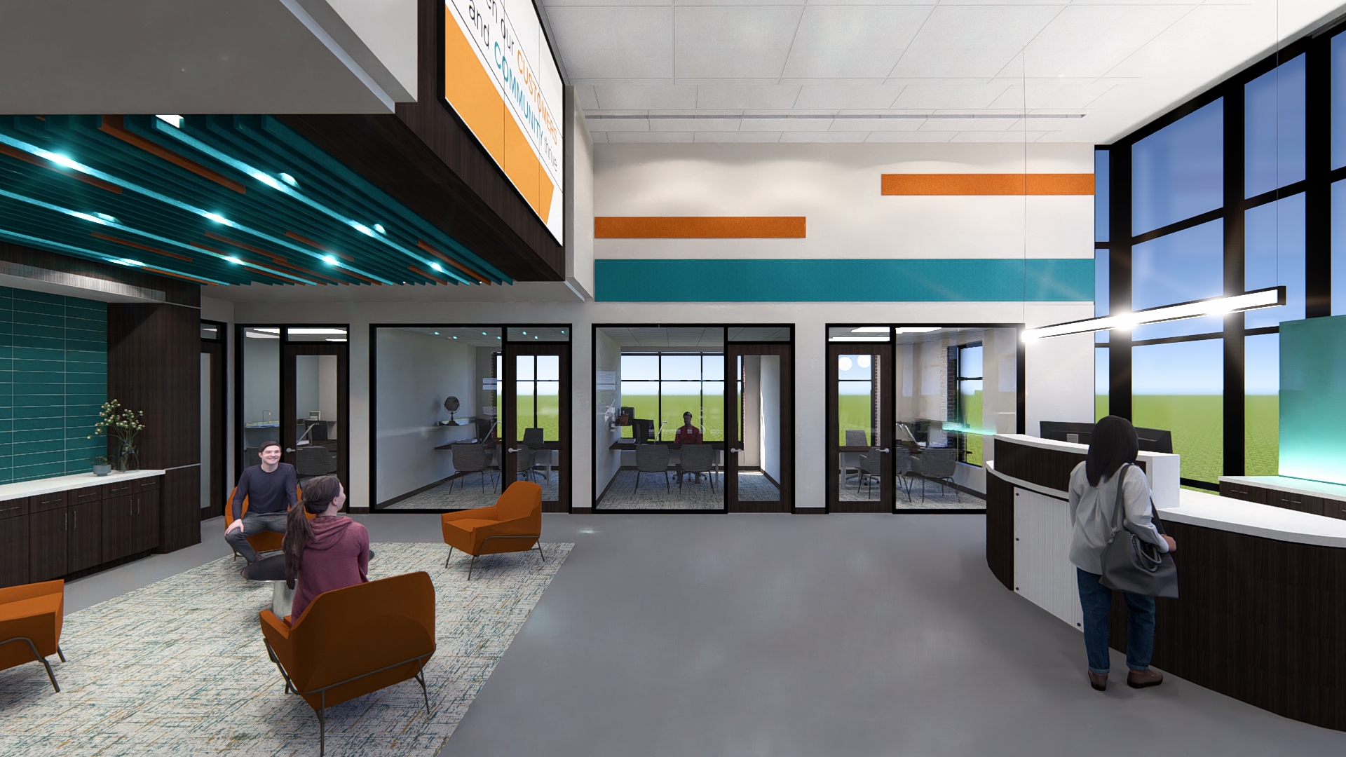 Bank branch lobby with brand color elements on walls and private offices.