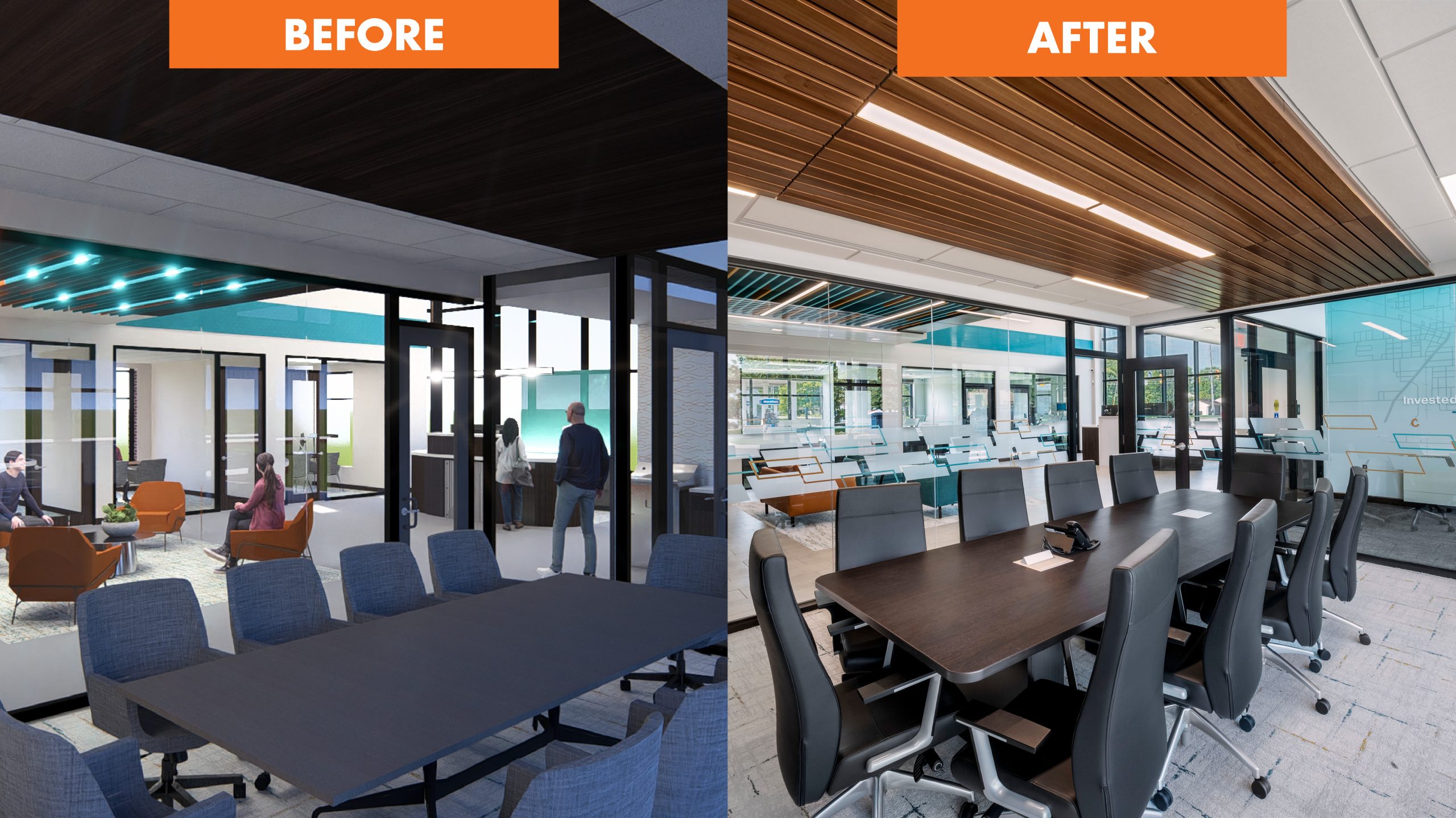 Bank branch conference rooms with warm wood ceiling and lighting detail. both rendering and real photo.