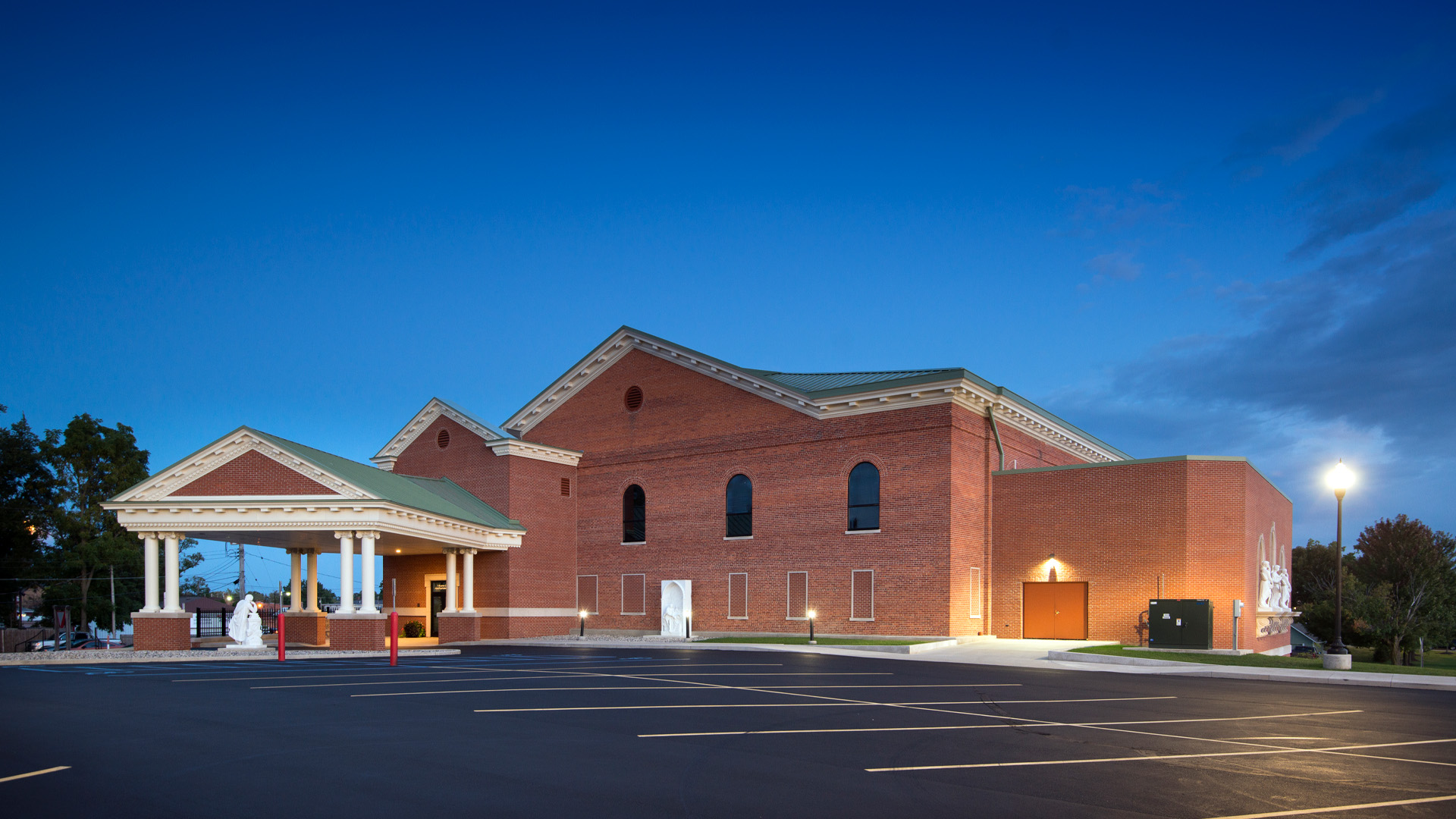 Trine University T Furth Performing Arts Center building made of brick with large columns.