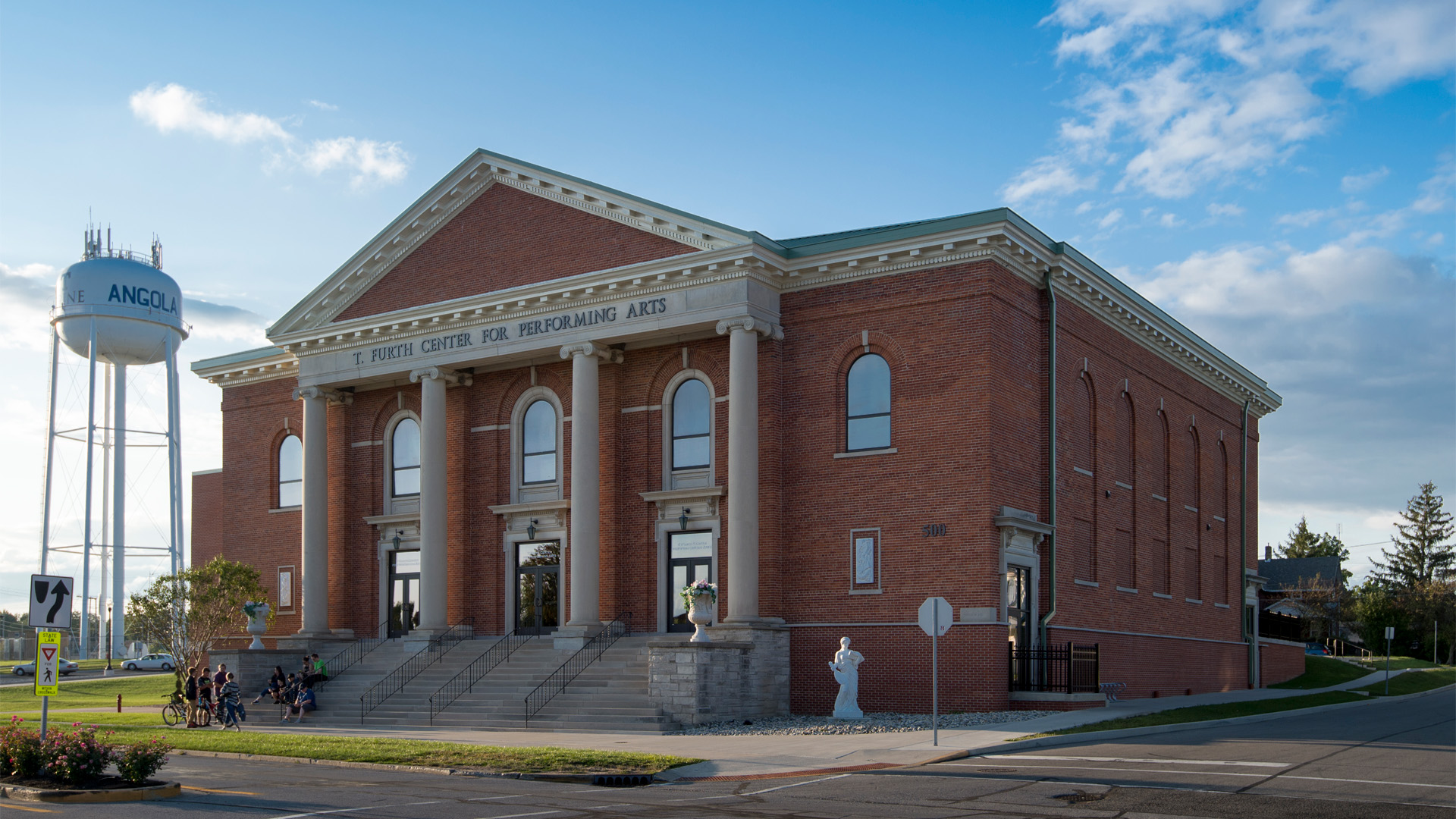 Trine University T Furth Performing Arts Center building made of brick with large columns.