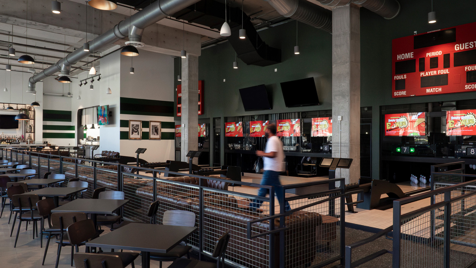 Duckpin bowling restaurant with leather seating.
