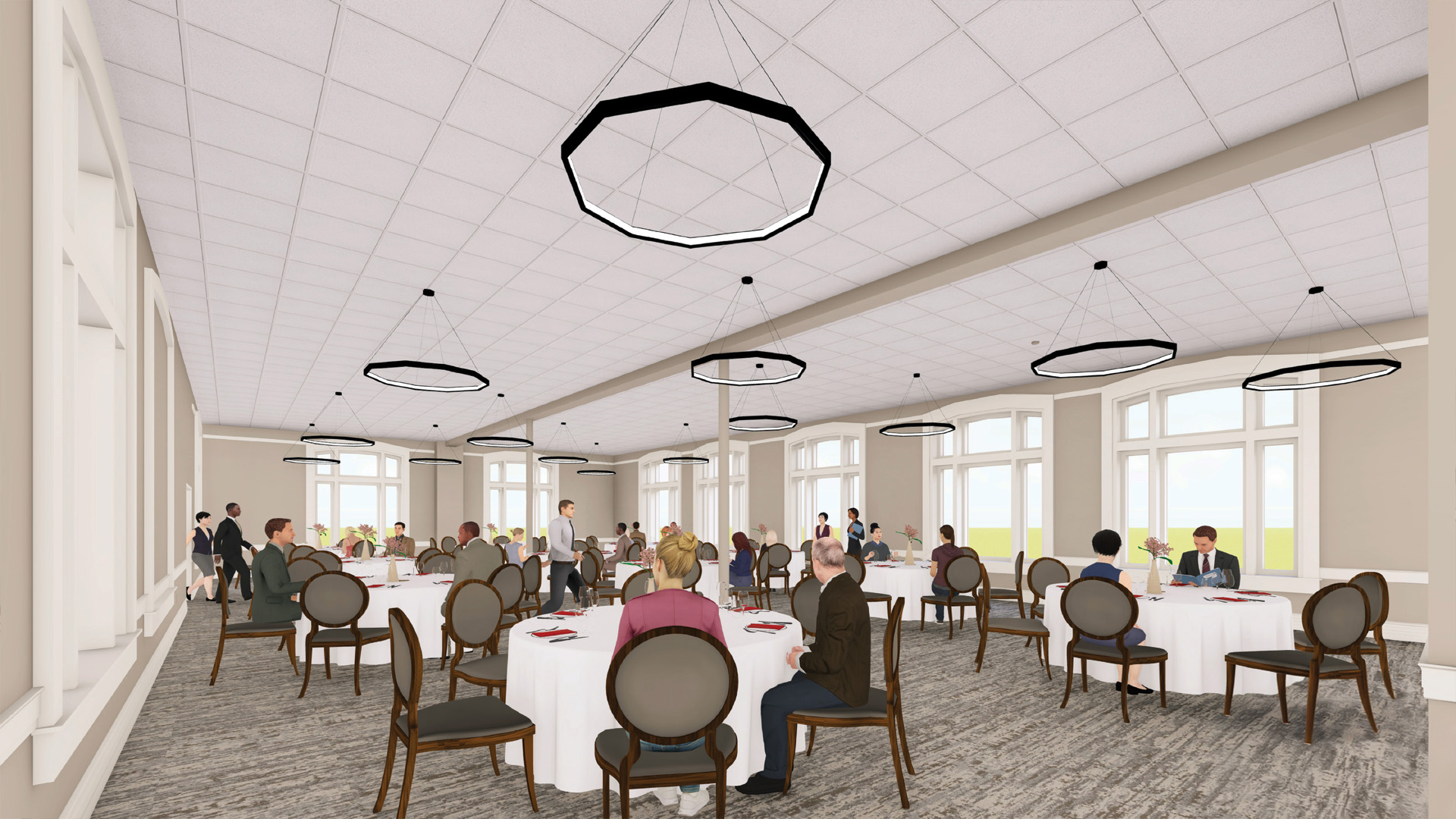Render of people sitting in the banquet hall Grace College Westminster Hall.