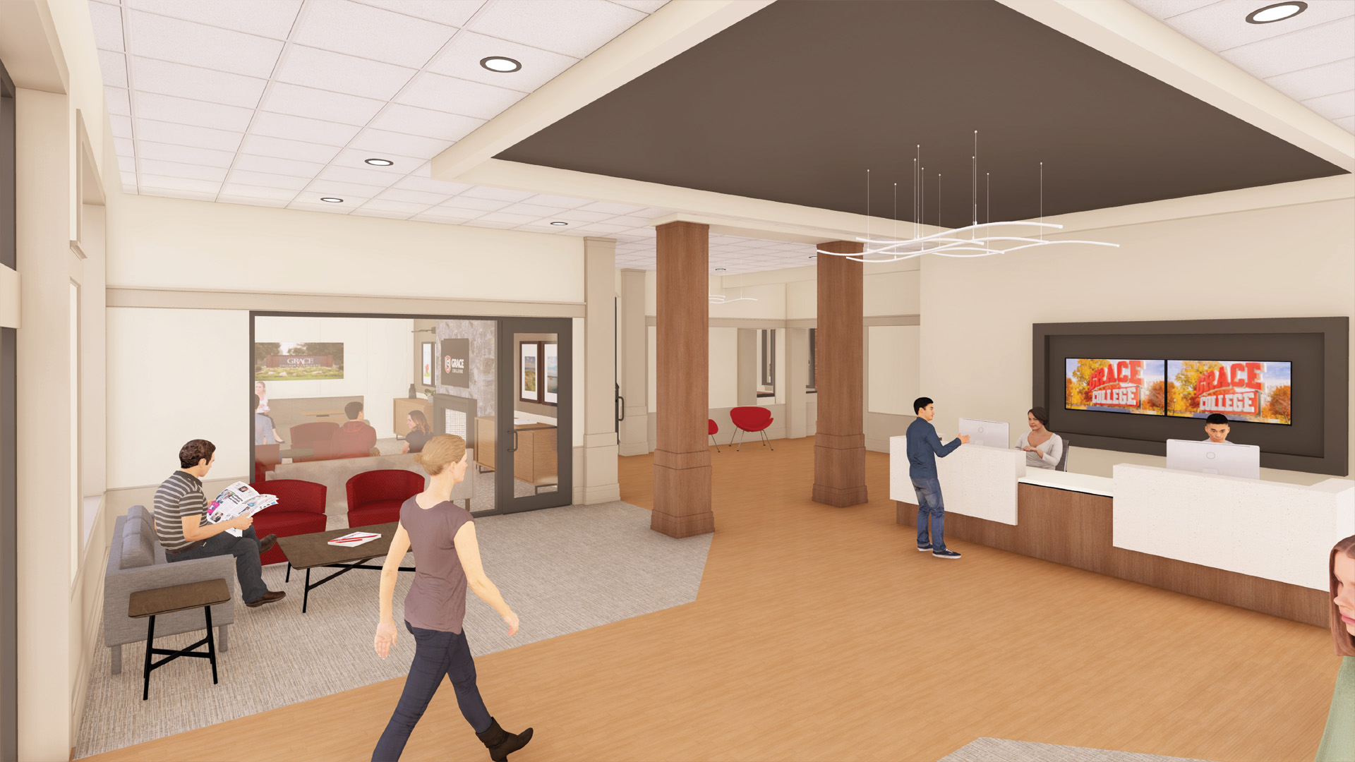 Welcome center with front desk, lobby seating, and warm wood tones to reflect the university's branding.