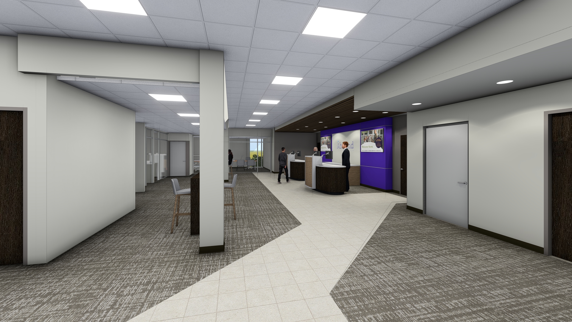 Credit union renderings of headquarters with bold branding.