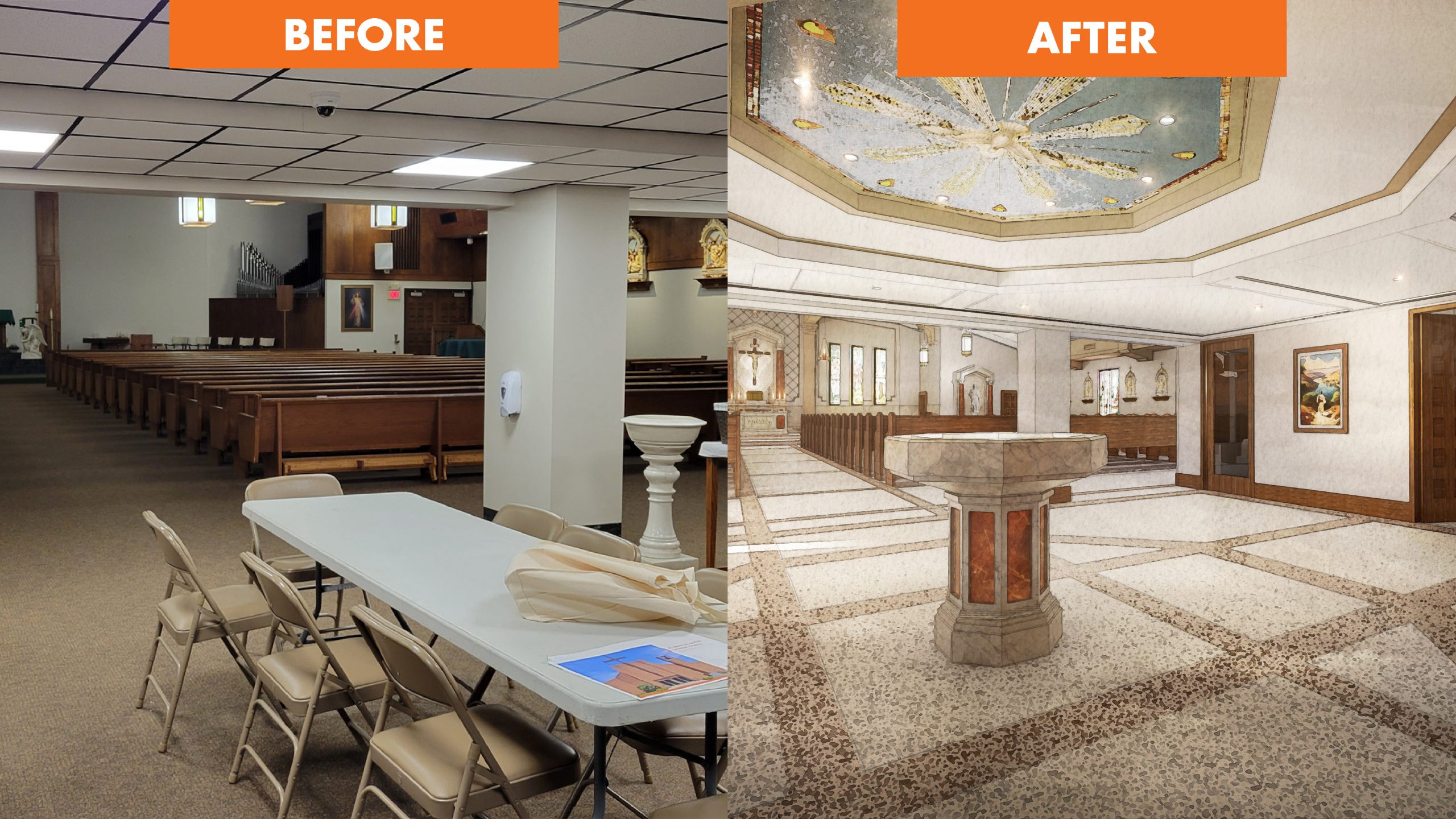 Rendering of a traditional chapel interior featuring wooden pews, arched ceiling with gold accents, a central altar with a crucifix, statues in wall niches, and tall stained-glass windows allowing natural light paired with the contrast of existing conditions.