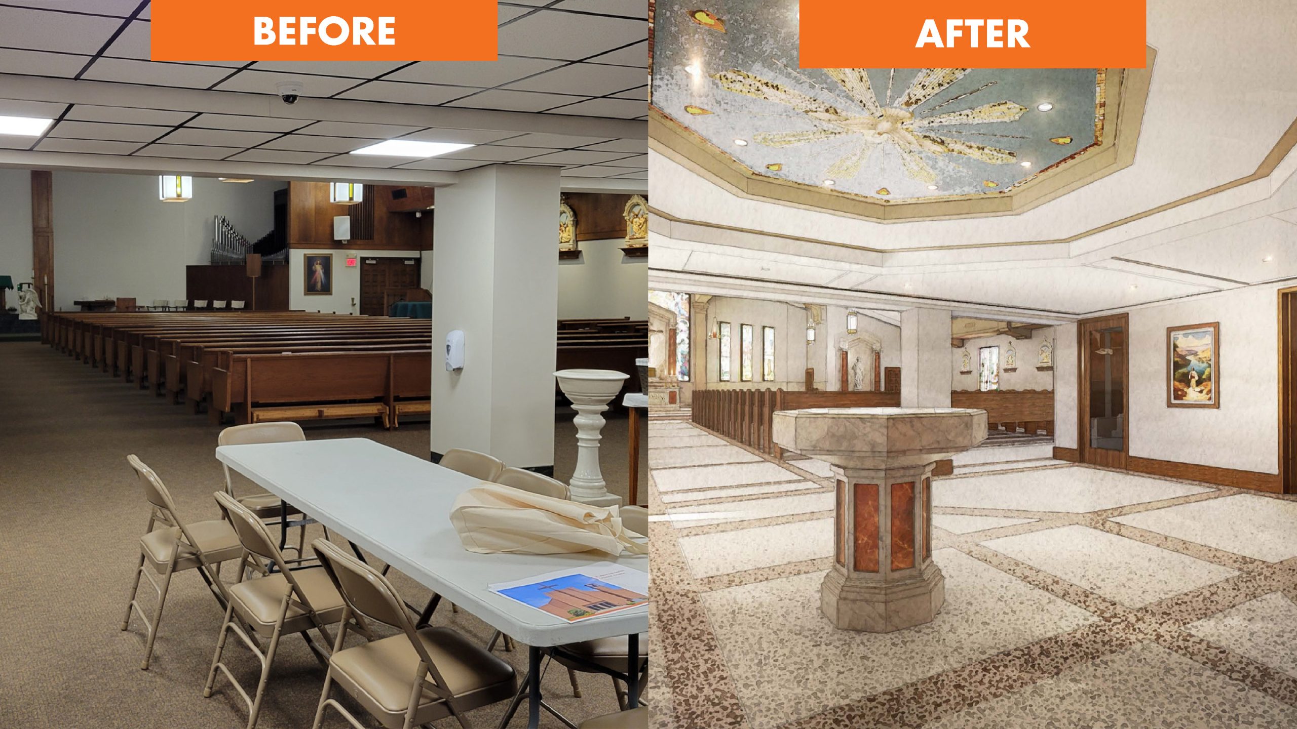 Rendering of a traditional chapel interior featuring wooden pews, arched ceiling with gold accents, a central altar with a crucifix, statues in wall niches, and tall stained-glass windows allowing natural light paired with the contrast of existing conditions.