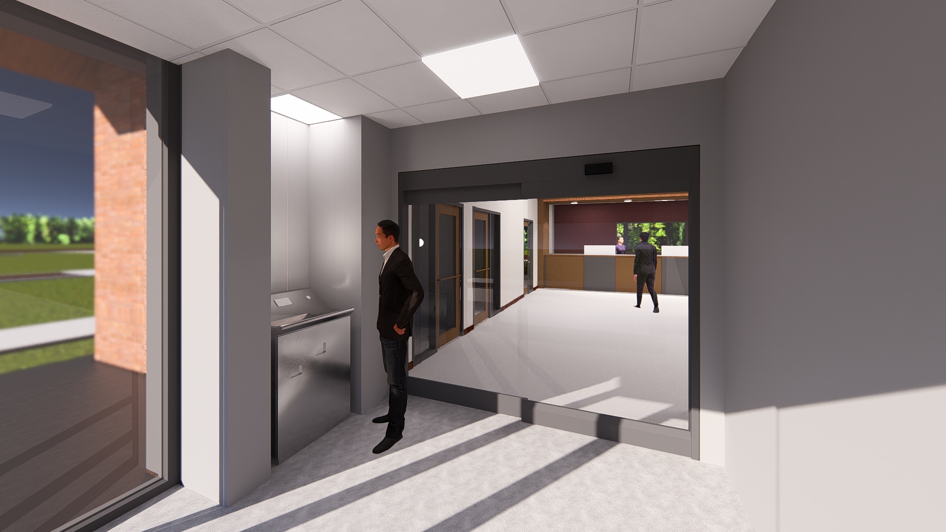 Rendering of a bank interior with private offices.