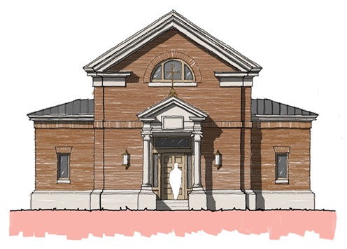 Exterior rendering of a brick chapel