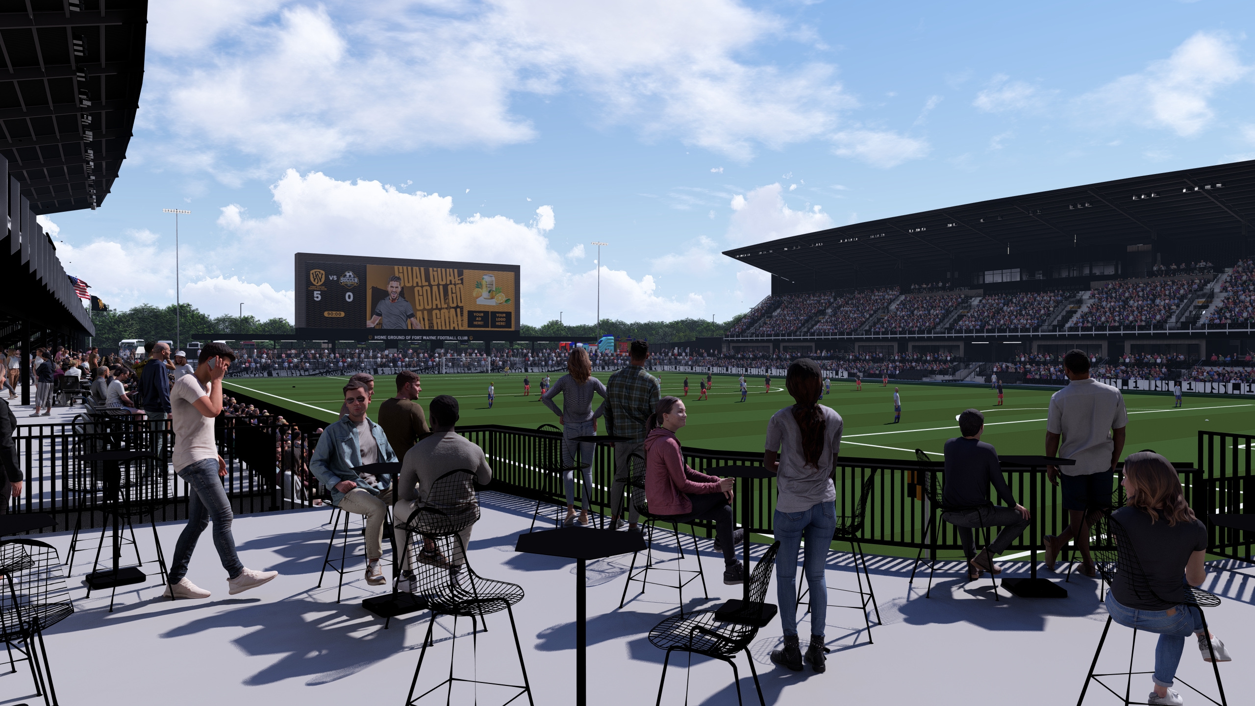 Rendering of a soccer stadium with walkable upper area.