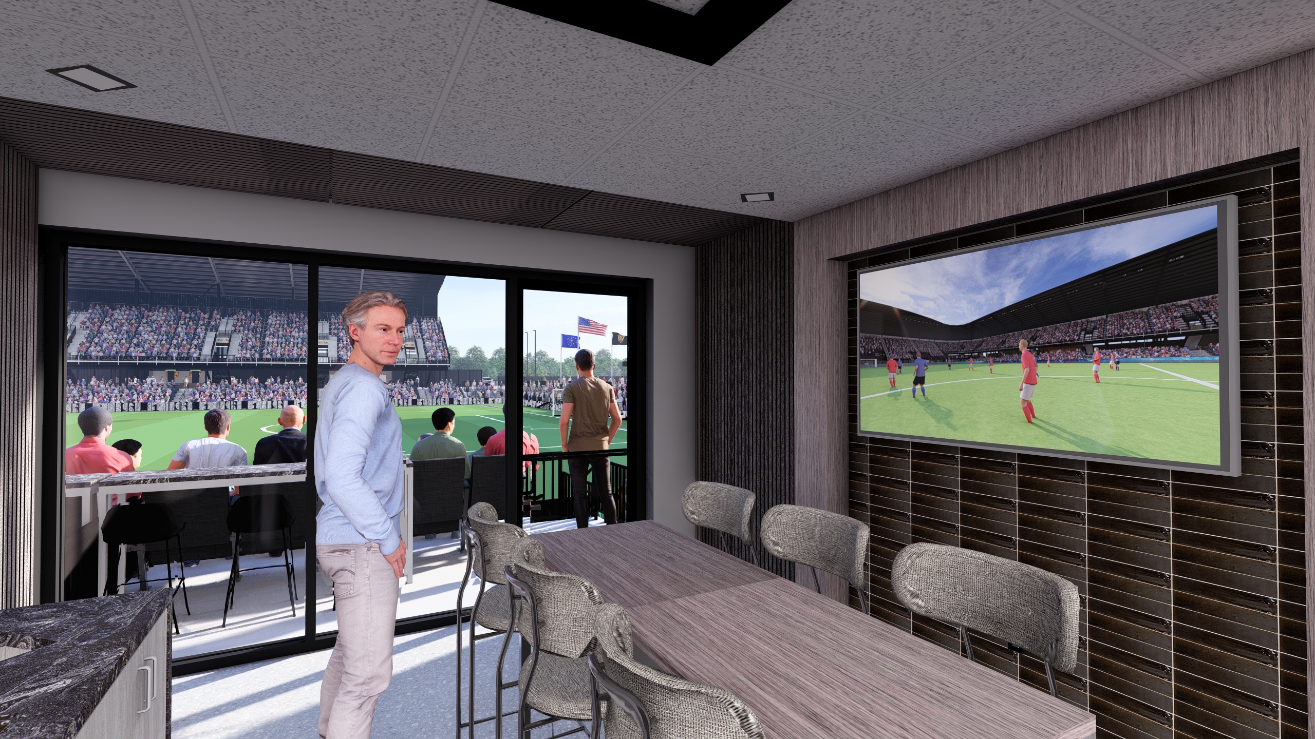 Rendering of a private suite at a soccer stadium.