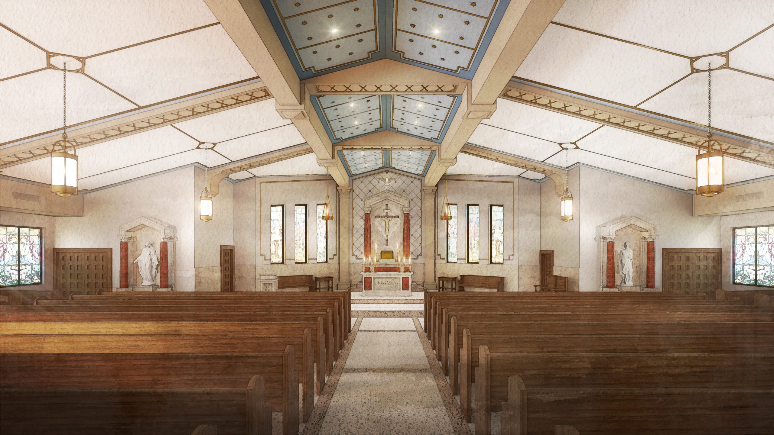 Rendering of a traditional chapel interior featuring wooden pews, arched ceiling with gold accents, a central altar with a crucifix, statues in wall niches, and tall stained-glass windows allowing natural light.