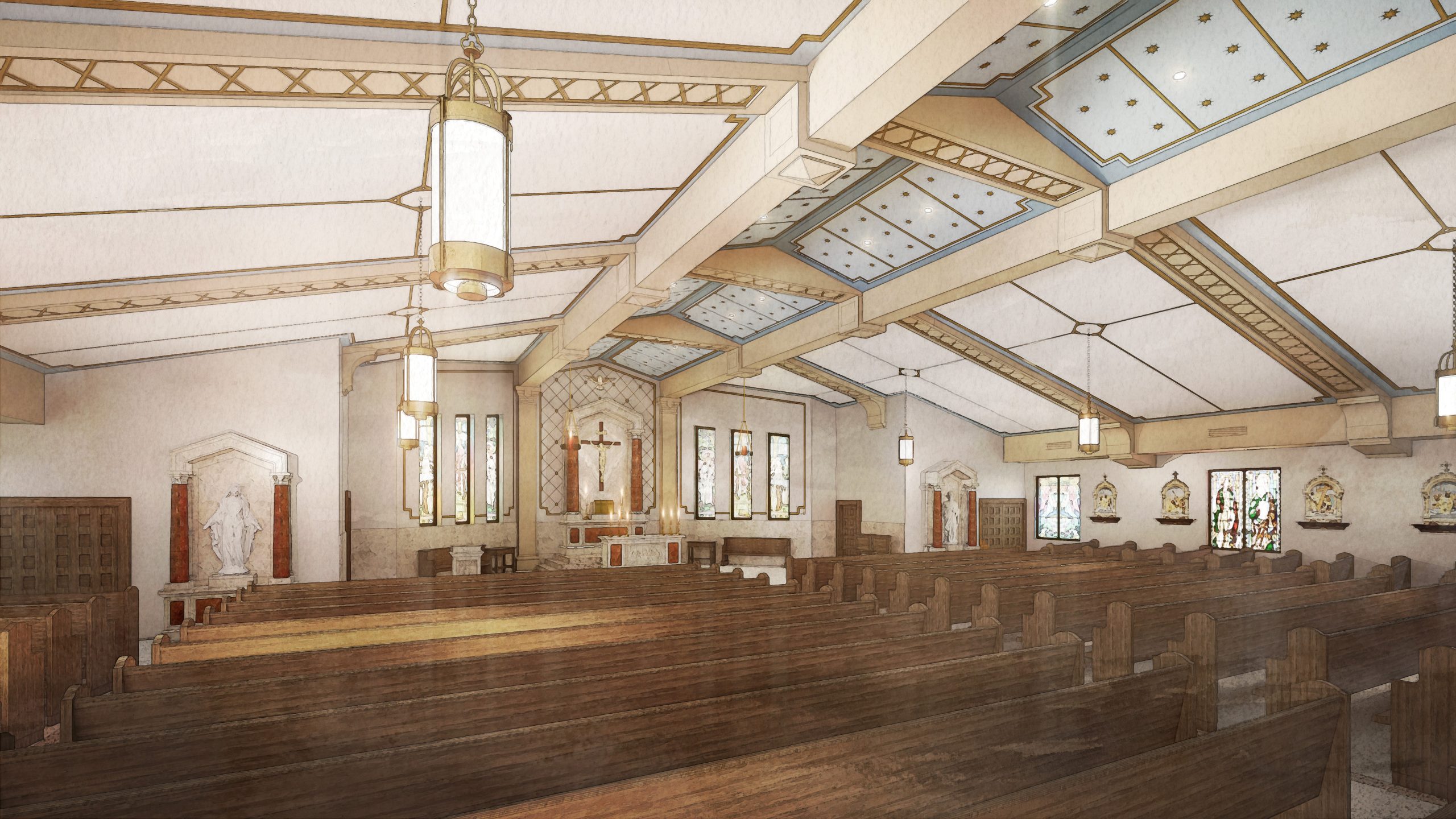 Rendering of a traditional chapel interior featuring wooden pews, arched ceiling with gold accents, a central altar with a crucifix, statues in wall niches, and tall stained-glass windows allowing natural light.