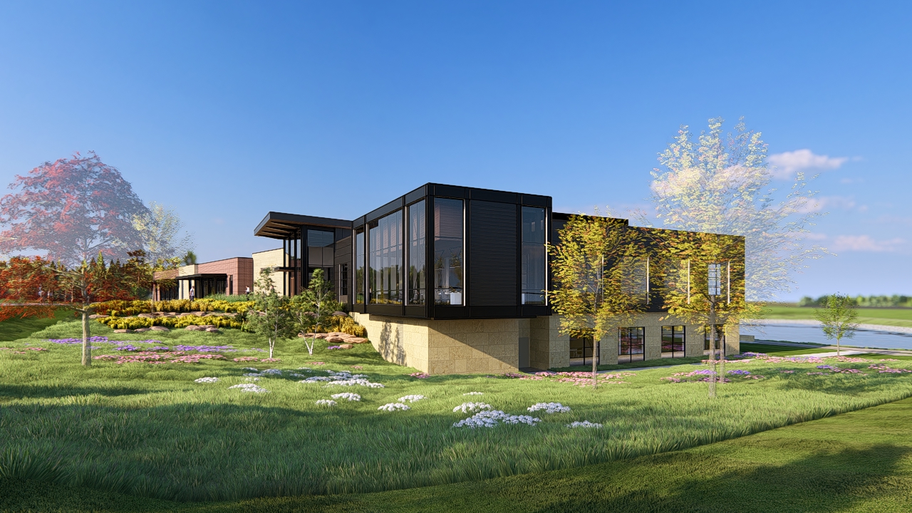 Exterior rendering of a modern, corporate workplace with bold materials and striking features.