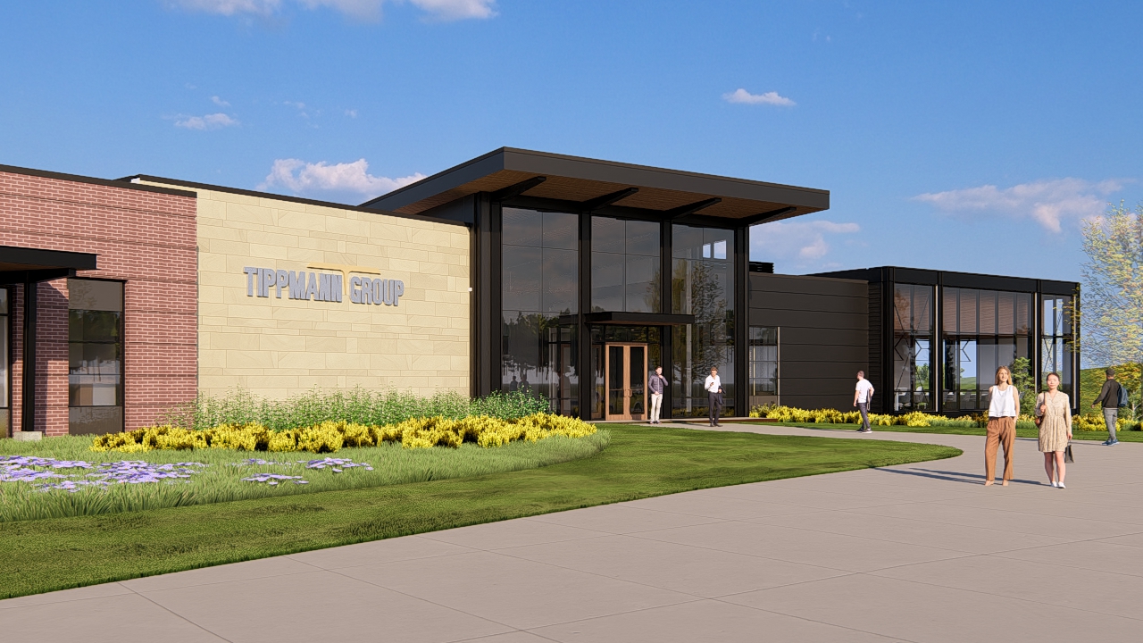 Exterior rendering of a modern, corporate workplace with bold materials and striking features.
