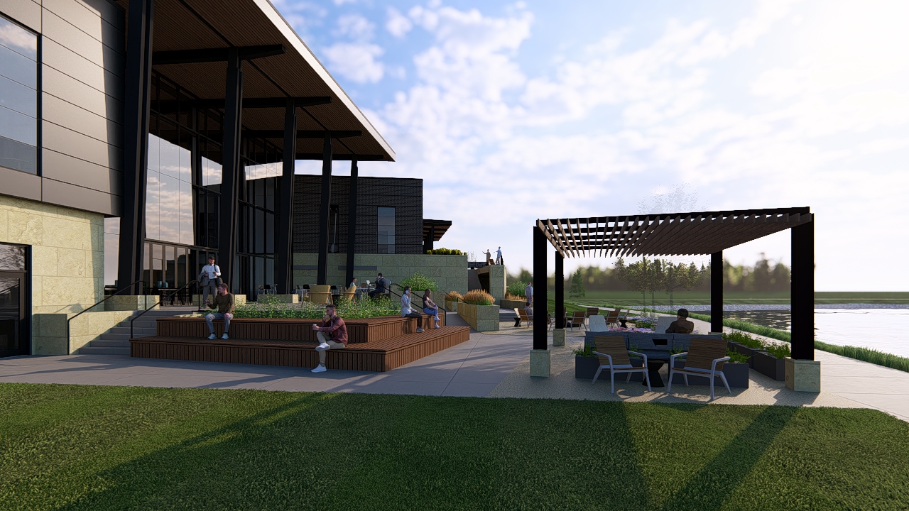 Exterior rendering of a modern, corporate workplace with bold materials and striking features.