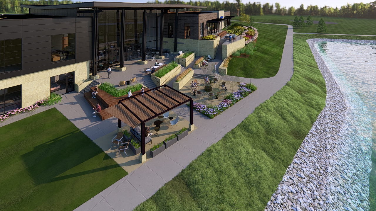 Exterior rendering of a modern, corporate workplace with bold materials and striking features.