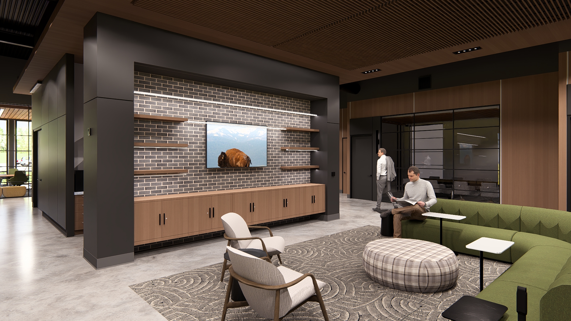 Interior rendering of a modern, workspace with cozy furniture and warm wood tones.