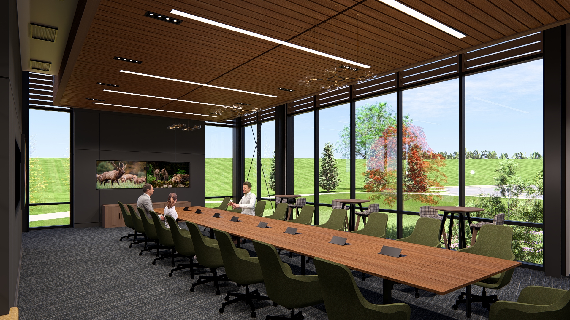 Interior rendering of a modern, board room warm wood tones and large windows.