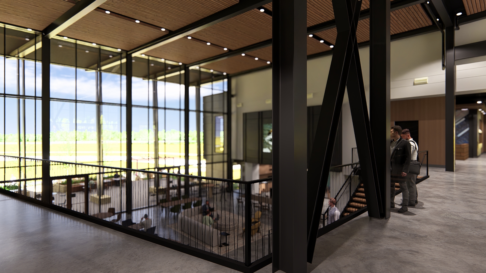 Interior rendering of a modern, two-story community space with floor-to-ceiling windows overlooking a lake, featuring open seating areas, natural light, and a large digital display on the right wall.