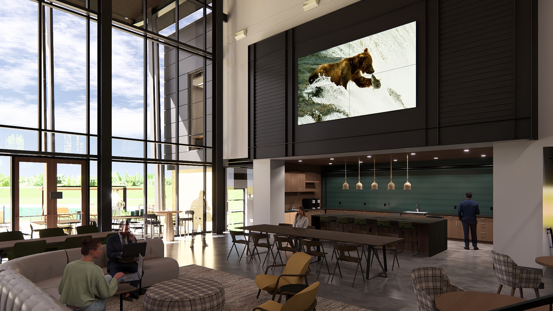 Interior rendering of a modern, two-story community space with floor-to-ceiling windows overlooking a lake, featuring open seating areas, natural light, and a large digital display on the right wall.
