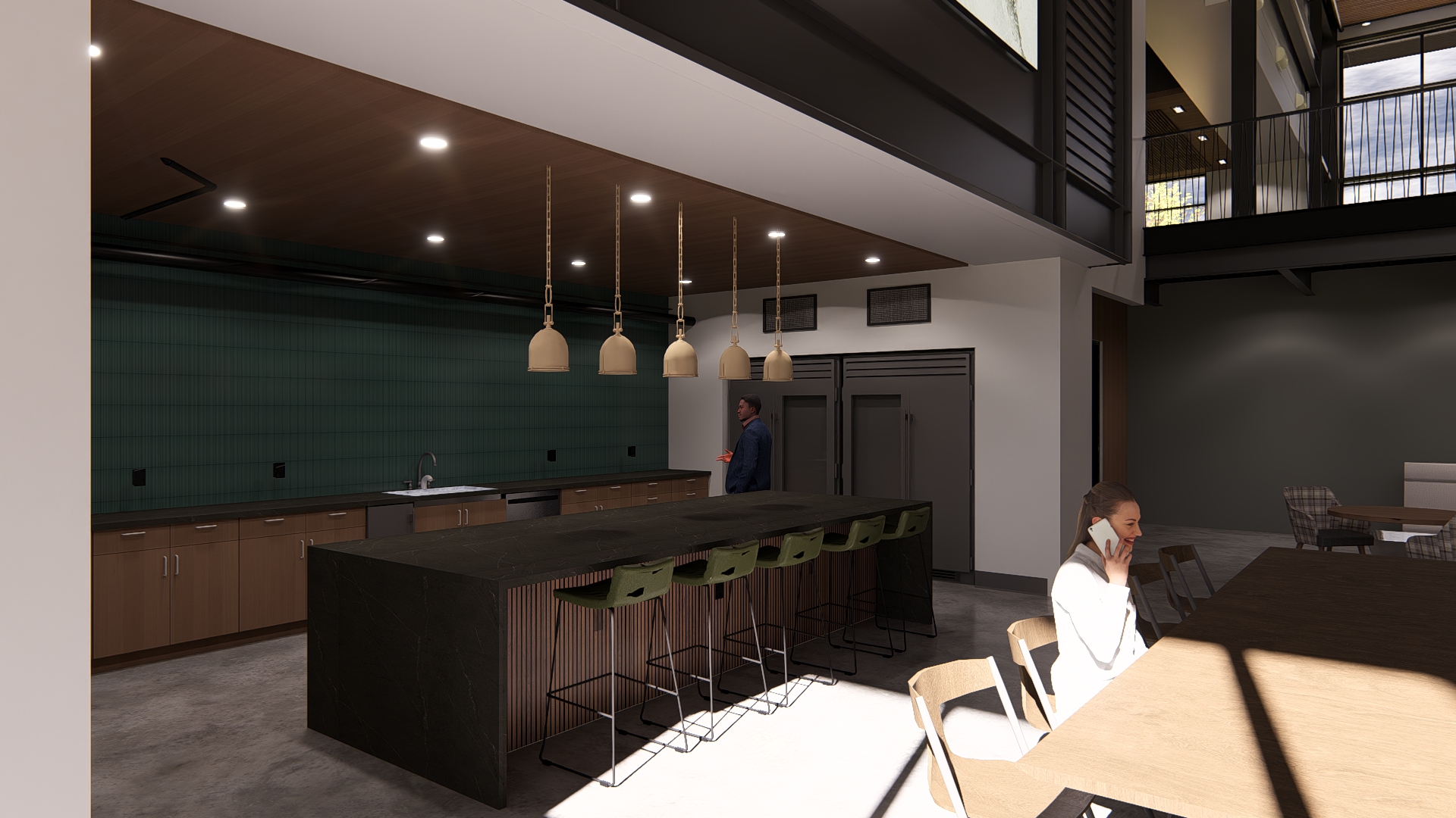Interior rendering of a modern community hub for employees to break.