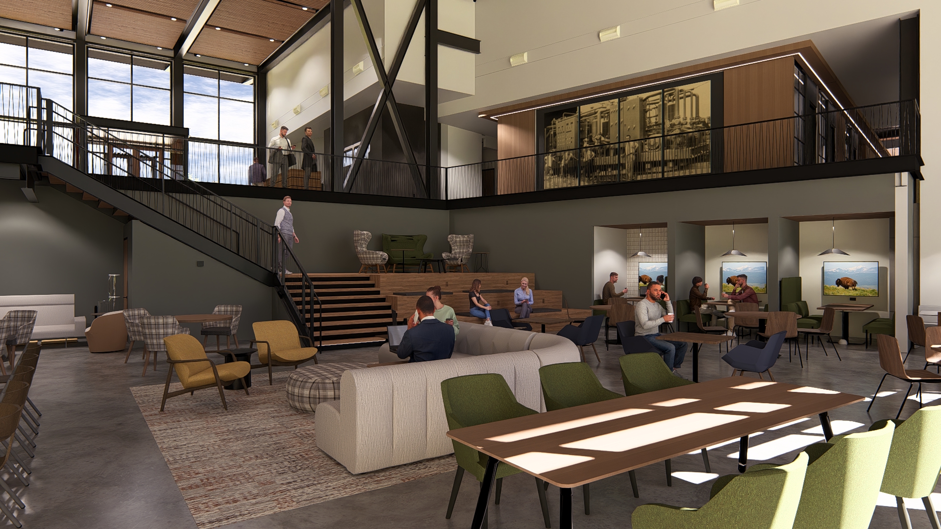 Interior rendering of a modern, two-story community space with floor-to-ceiling windows overlooking a lake, featuring open seating areas, natural light, and a large digital display on the right wall.