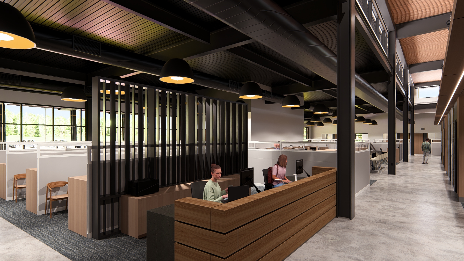 Interior rendering of a modern, workspace with dark metal and warm wood tones.