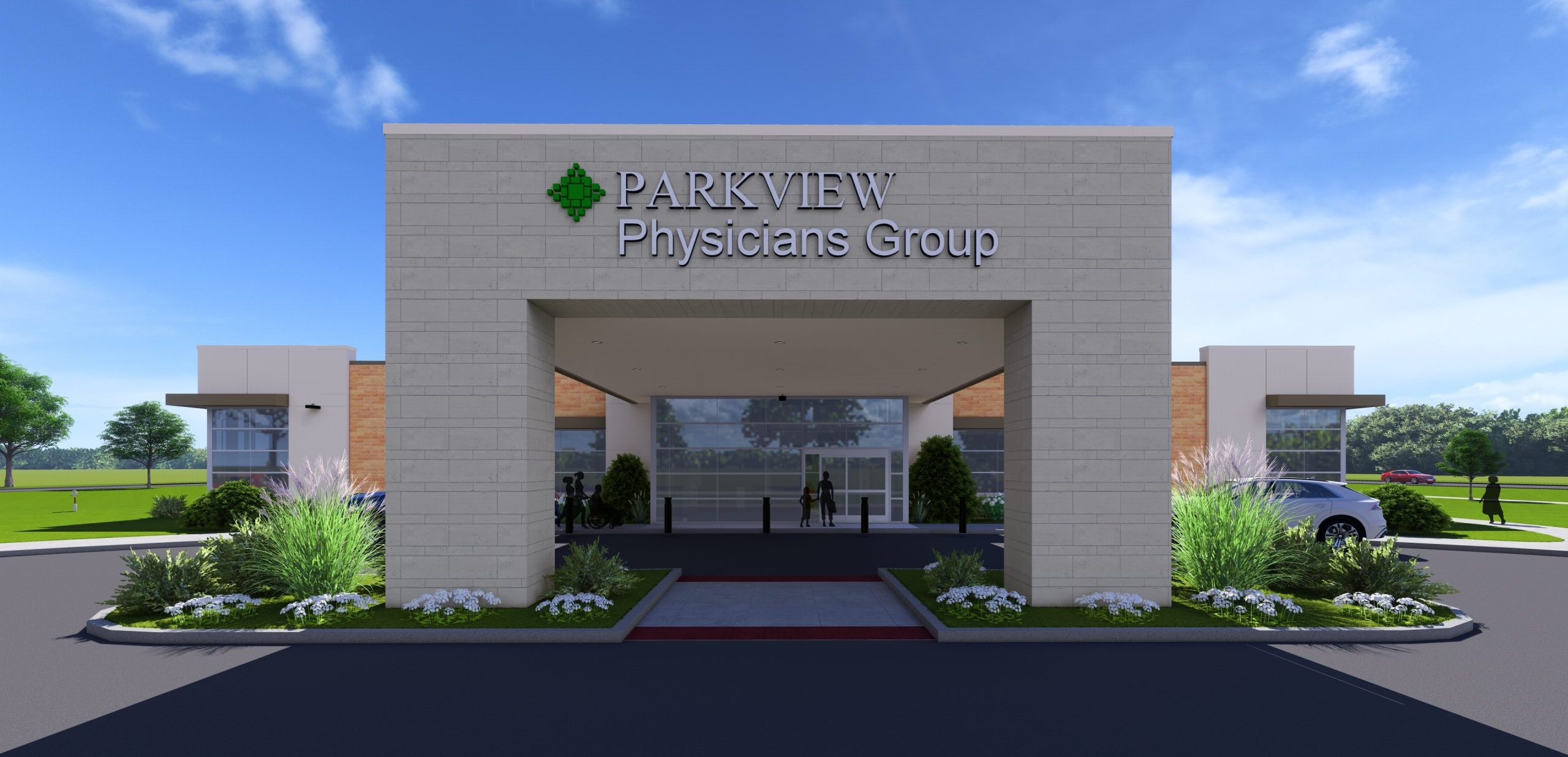Parkview clinic exterior drive thru rendering.