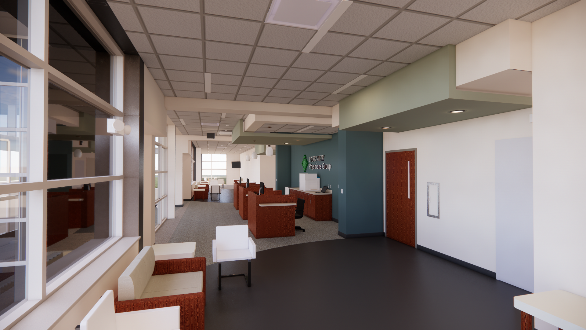 Medical clinic lobby rendering.