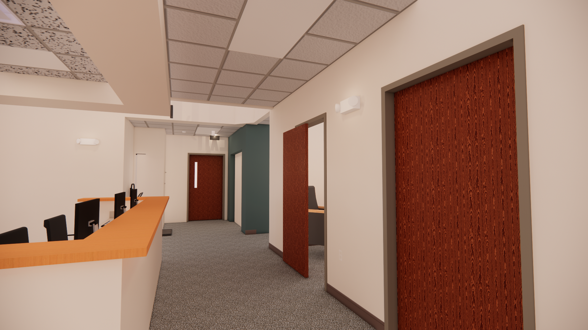 Medical clinic nurses station rendering.