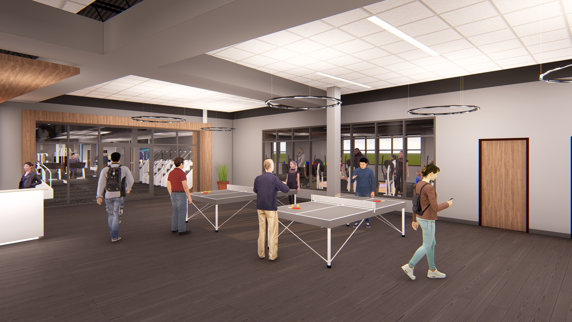 Rendering of health and wellness center lobby with dark interior materials, light wood, and red branding elements.