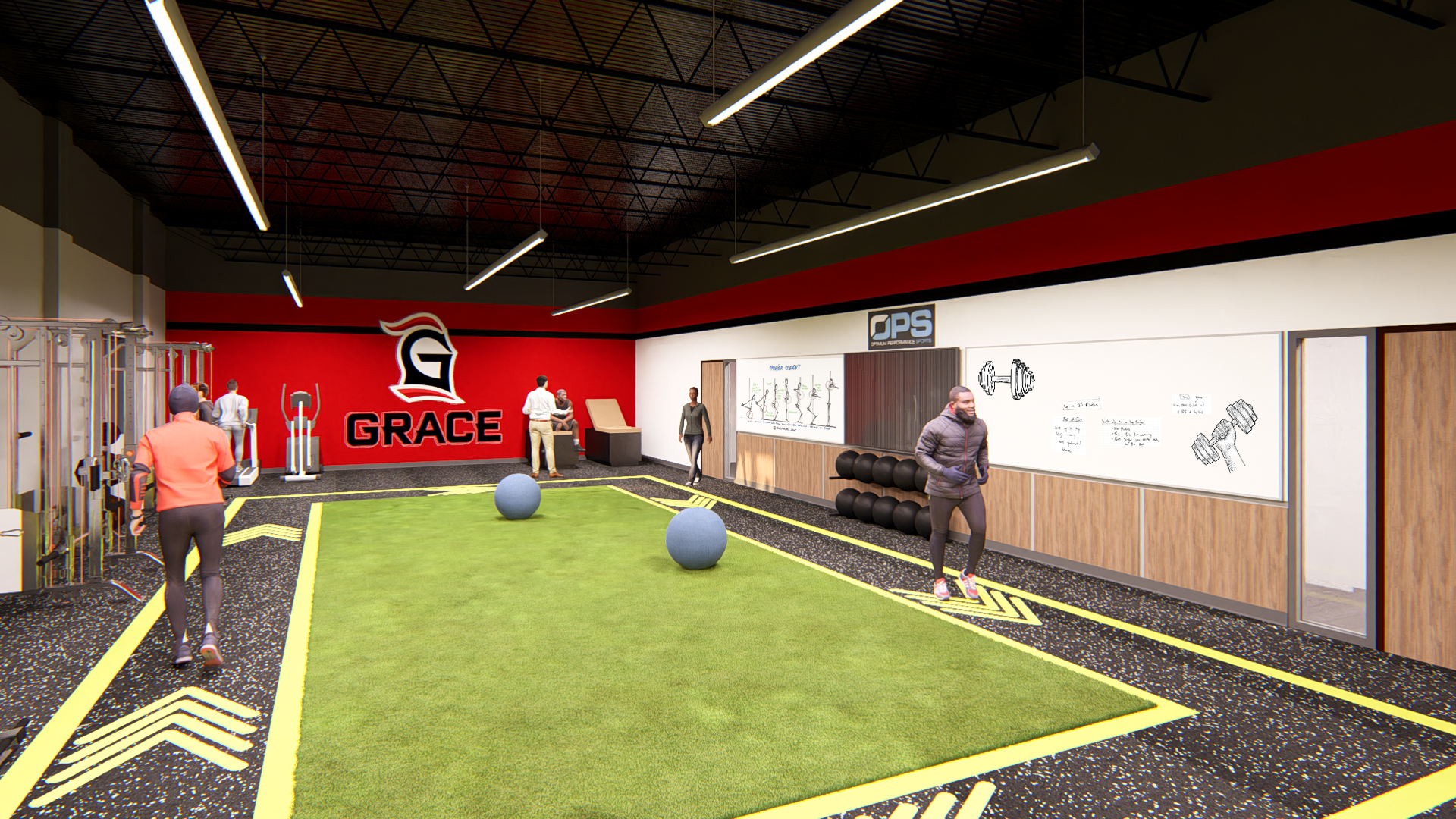 Rendering of health and wellness center with dark interior materials, light wood, and red branding elements.